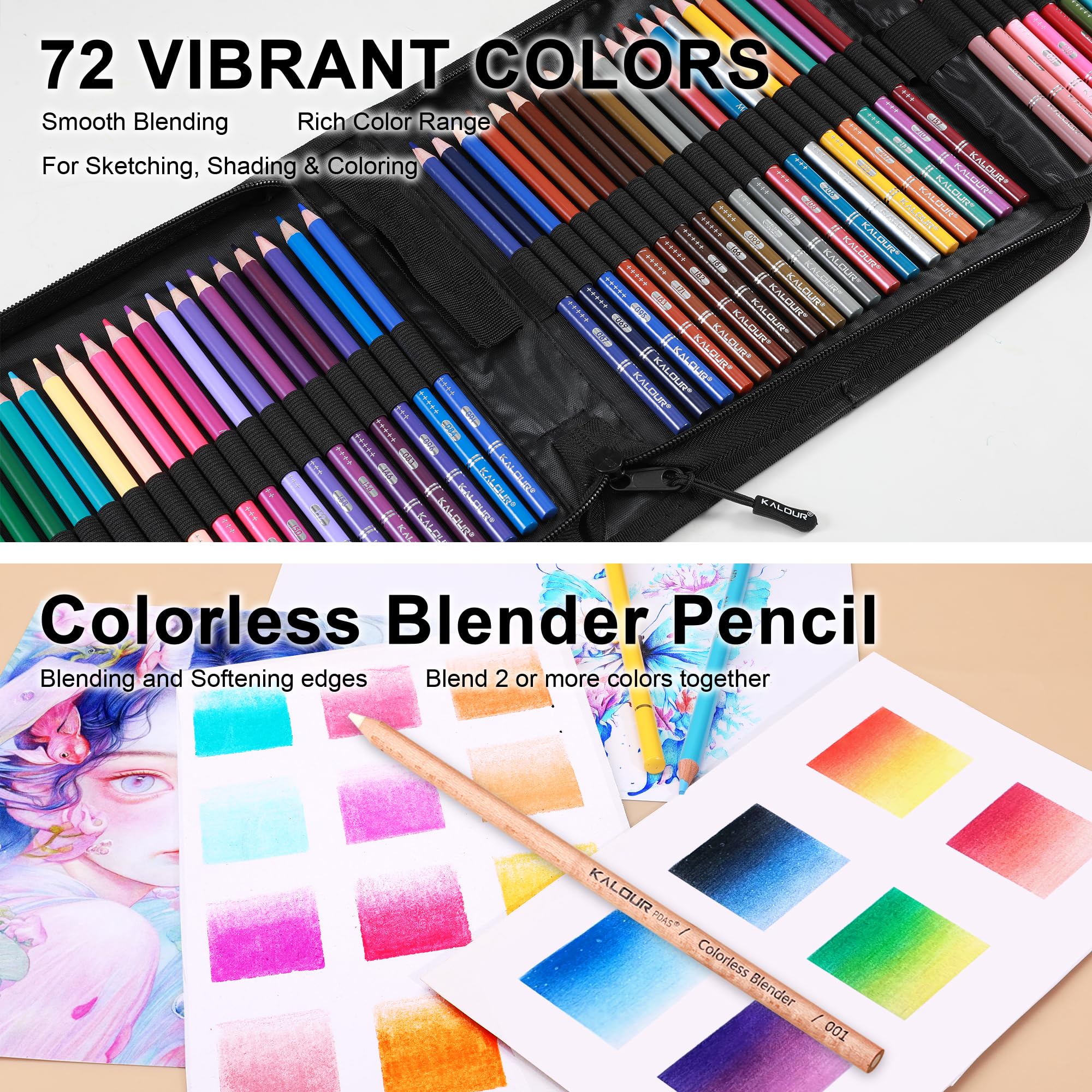 KALOUR PDAS Lot de 75 crayons de couleur pour livres de coloriage pour adultes, noyau souple, idéal pour le dessin, le mélange, l'ombrage, cadeau pour adultes et débutants