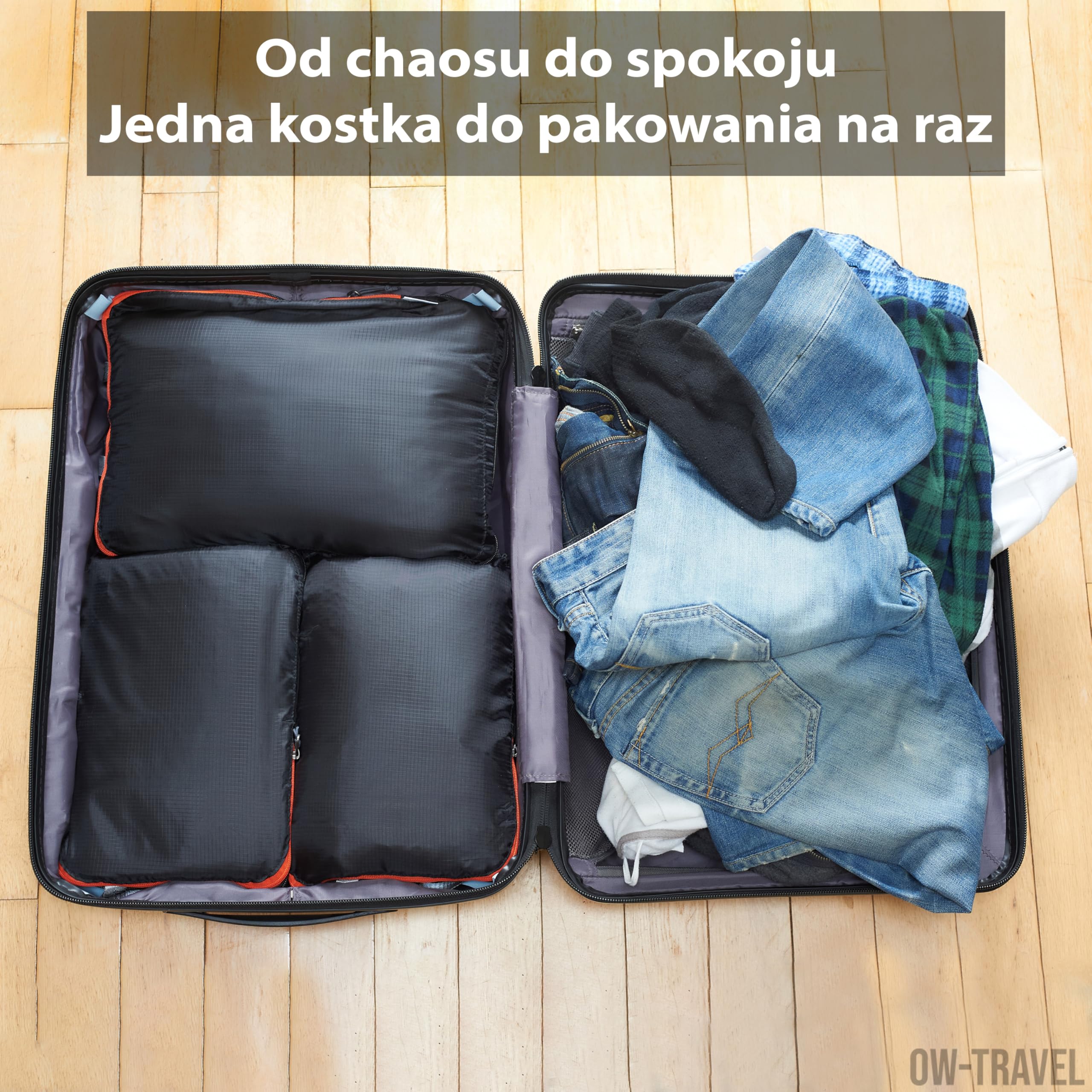 OW-Travel Łatwe do Zorganizowania Kompresyjne Kostki do Pakowania Walizek. 4 Średnie Kostki Podróżne do Torby Plecaka Bagażu. Akcesoria Podróżne Niezbędne na Wakacje. 4 szt. C Zarny
