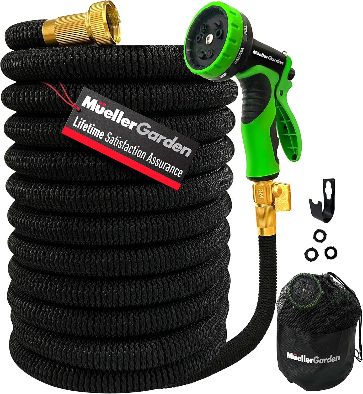 Mueller ArmorFlow Heavy Duty Expandable Garden Hose 50 Ft with 9 Function Nozzle, Lightweight, 3/4" Solid Brass Fittings, Automatically Expands and Self-Drains, Kink and Tangle Resistant