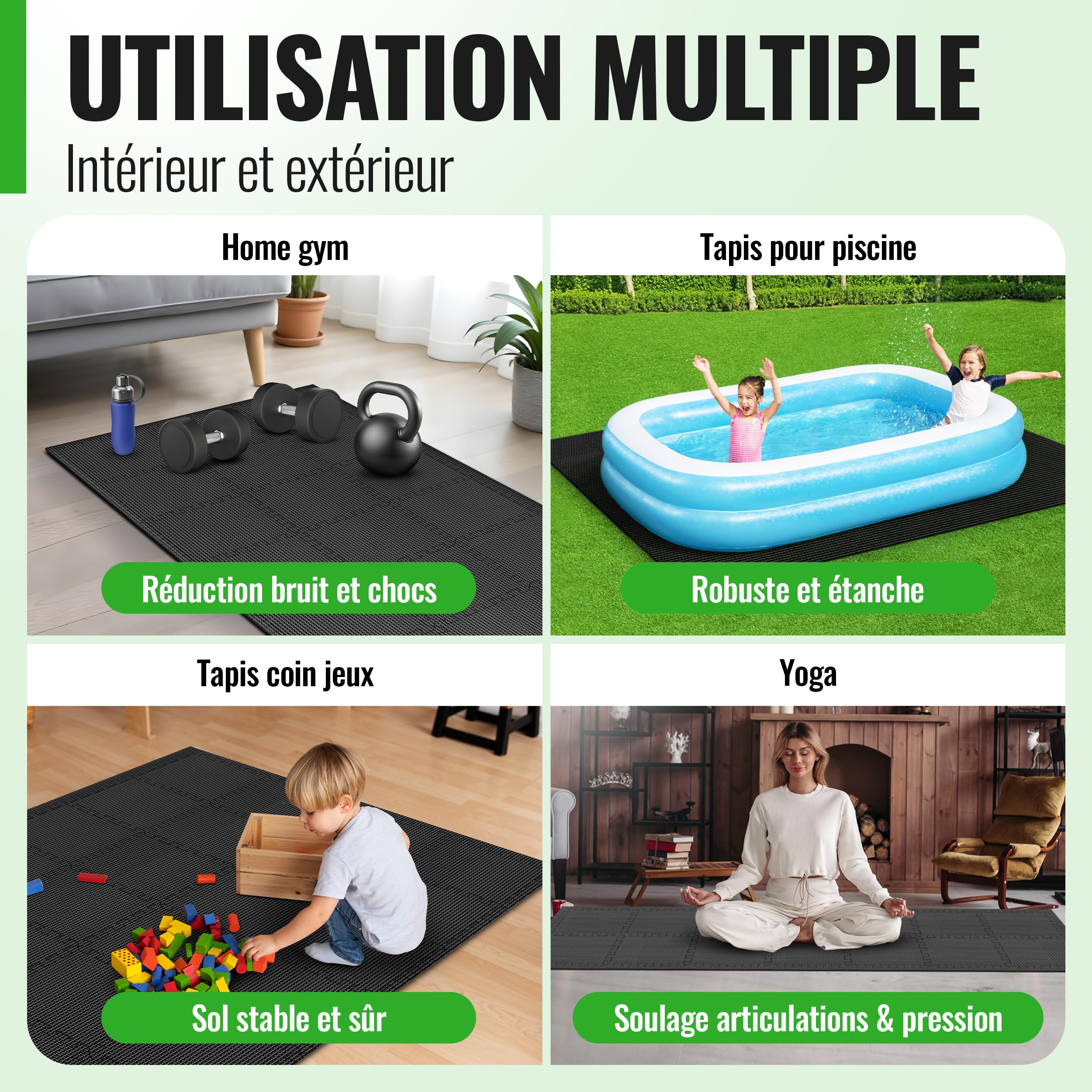 AthleticPro Tapis de protection de sol de fitness, 60 x 60 cm, 18 tapis de sol extra épais, 20 % de protection en plus, tapis de protection antidérapant pour salle de fitness et appareil de fitness