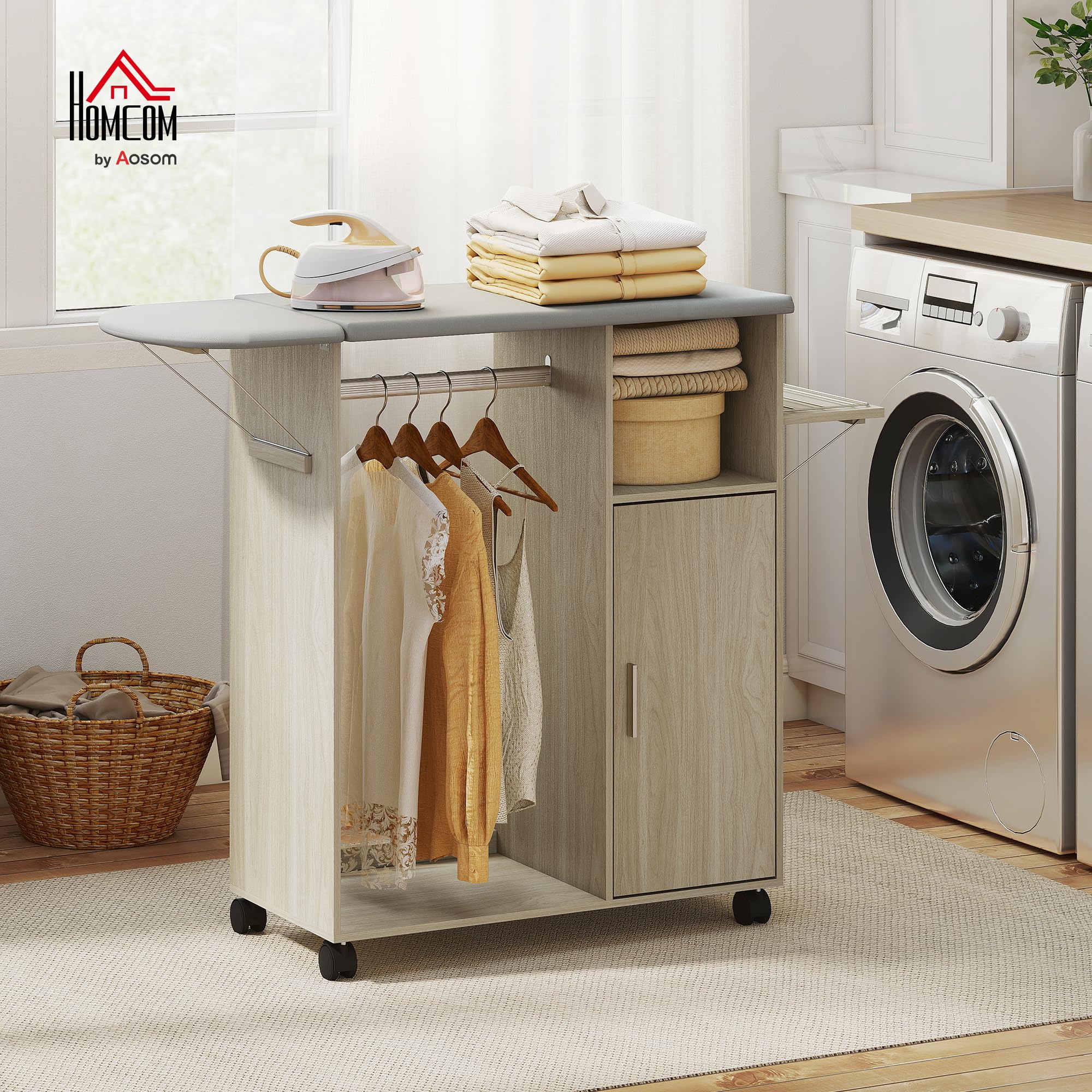 HOMCOM Table à Repasser Pliable avec roulettes à Frein et Porte-Fer à Repasser, Meuble à Repasser Multifonctionnel avec Barre à cintres, étagères réglables, pour buanderie, Salle de Bain, 127 x 42,5