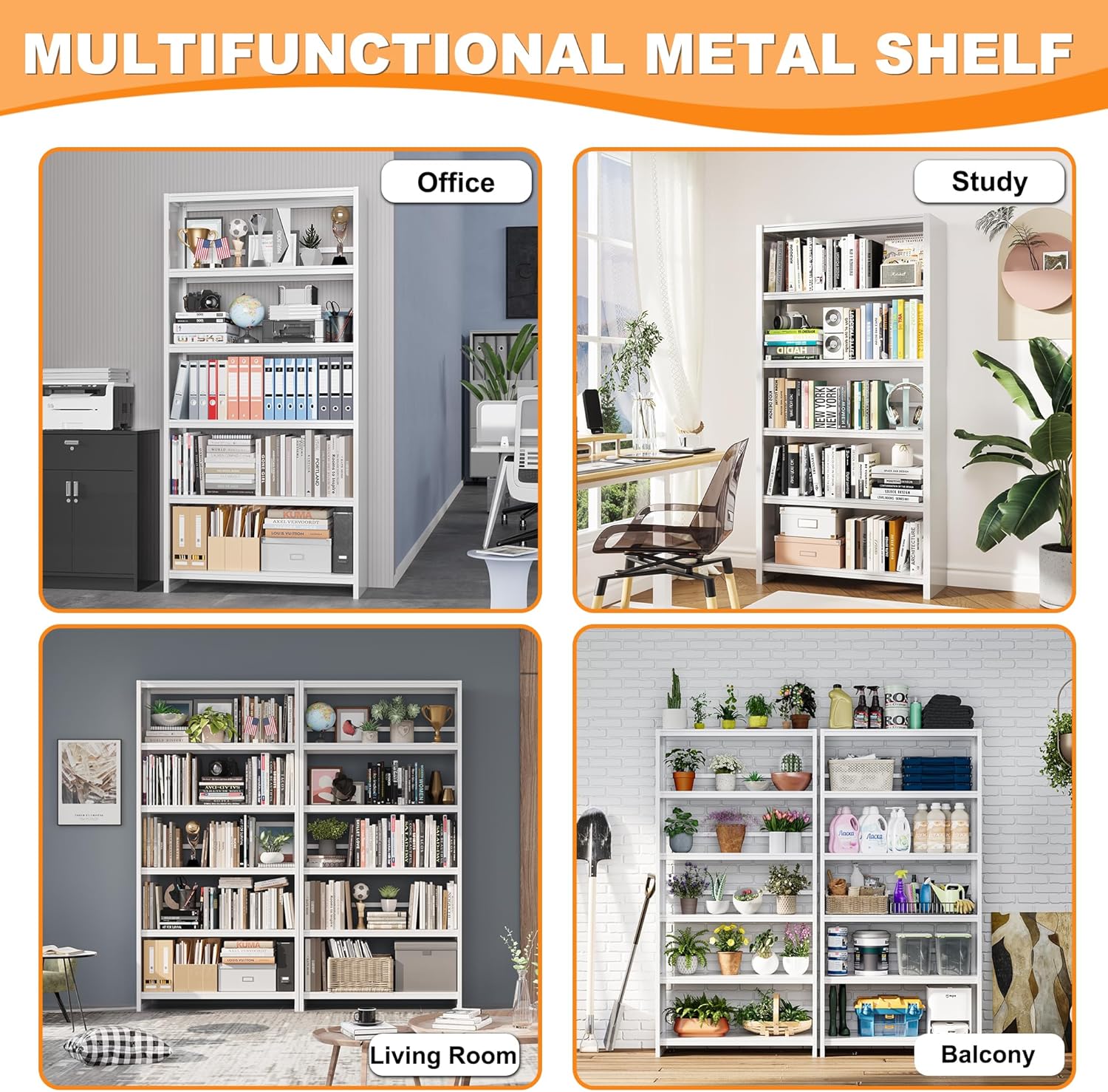 VASAAOSD 5 Tier Book Shelf, 69" Tall White Bookshelves, Open Metal Bookshelf, Toolless Assembly White Shelves for Home Office, Living Room, Study