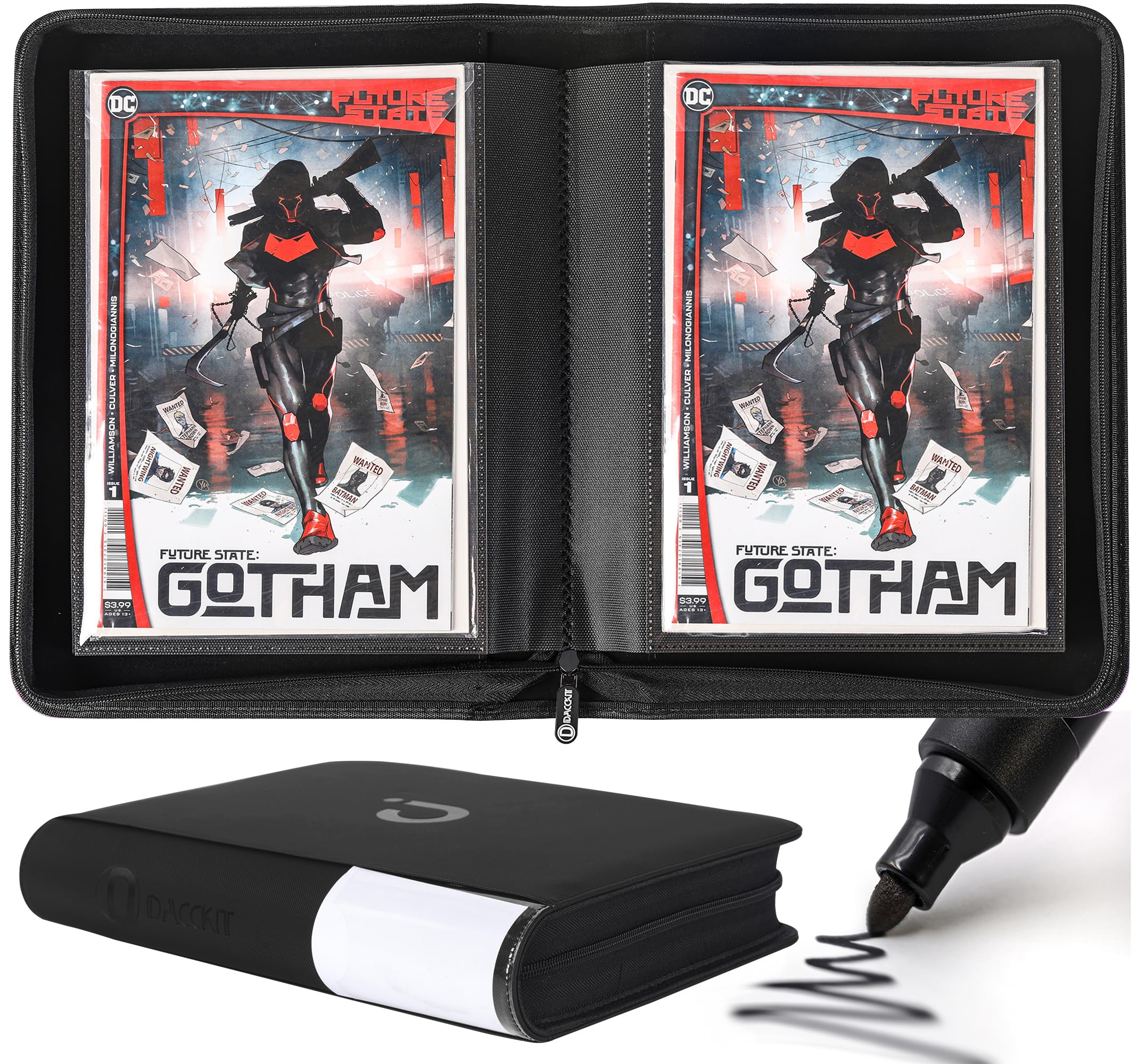 D DACCKIT Carpeta de cómics, álbum de cómics con fundas para cómics regulares y cómics en bolsa y abordado, carpeta de almacenamiento de cómics con capacidad para 24 cómics (modelo A, negro clásico)