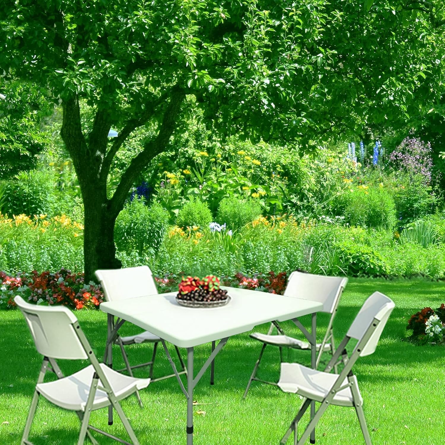 34" Fold in Half Square Folding Table, Plastic Square Card Table, Game for Puzzles Crafting Fold in Half Camping Table Utility use for Indoor Outdoor Picnic Party