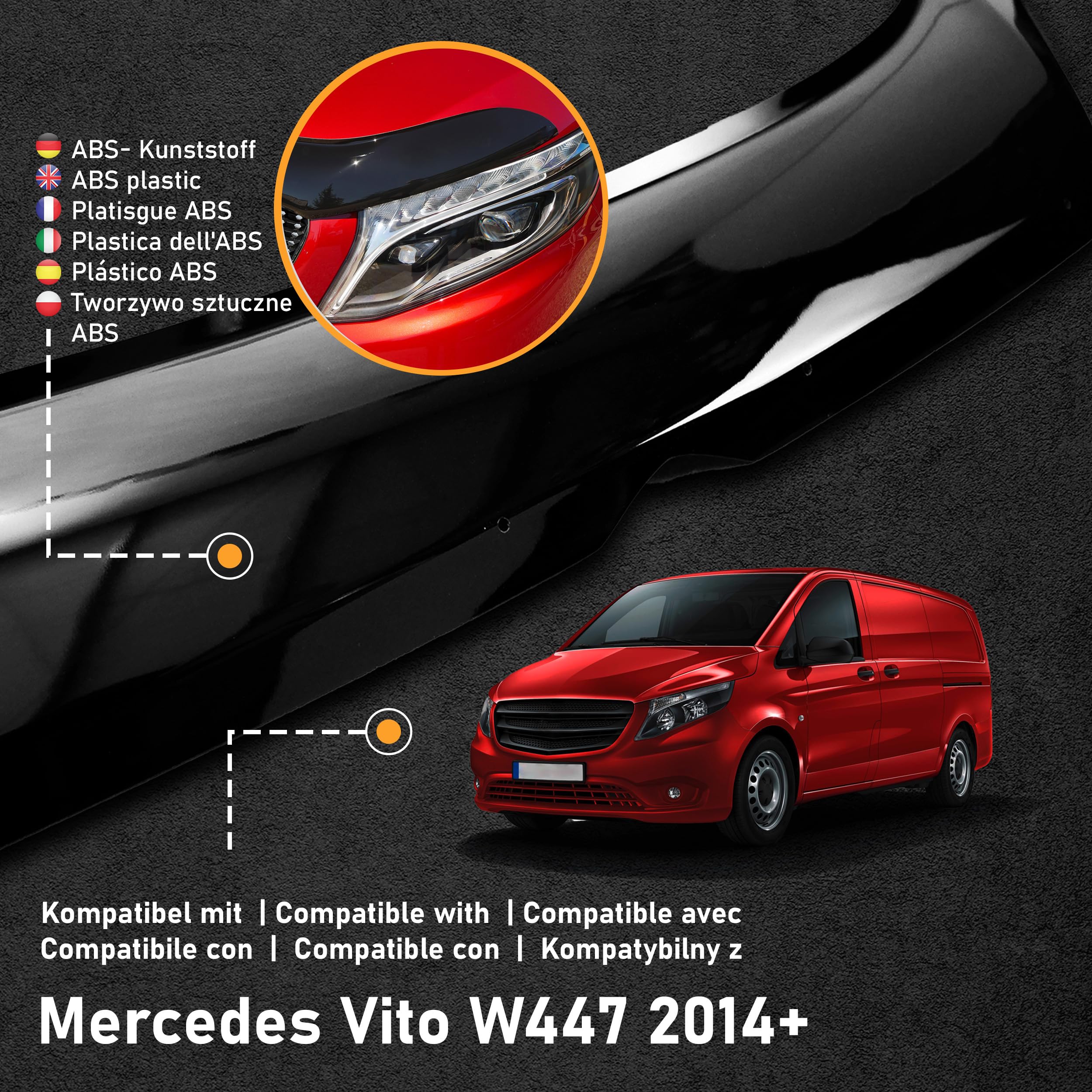 CHROMEMASTER | Auto Zubehör; Steinschlagschutz; Motorhaubenabdeckung Kompatibel mit Mercedes Vito W447 ab Bj. 2014 | ABS-Kunststoff | Motorhaubenschutz Deflektor Schützt die Motorhaube vor Steinen
