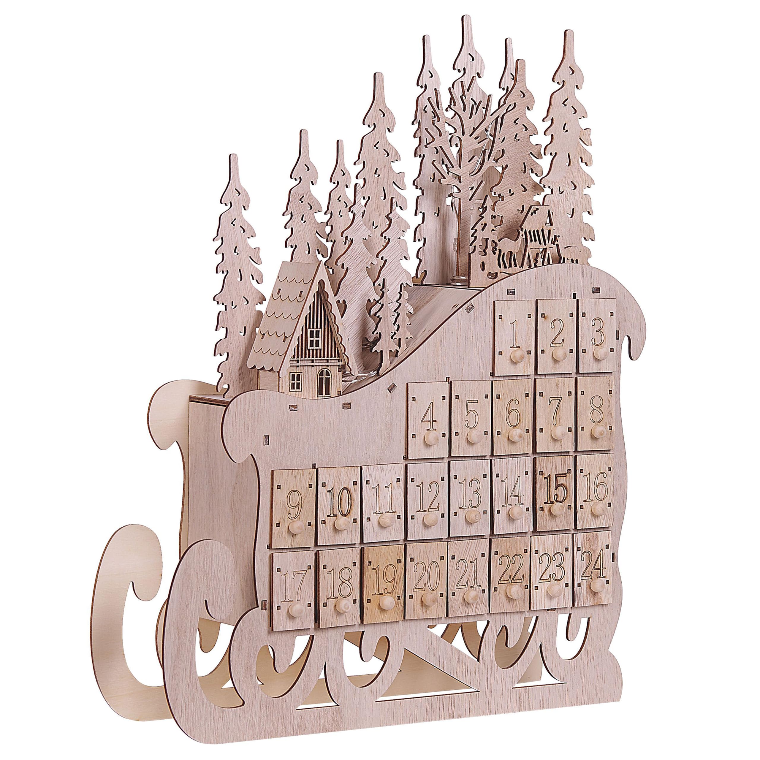 Beliani Deko LED Adventskalender Holz Hellbraun Schlitten zum Befüllen Aufstellen Impala