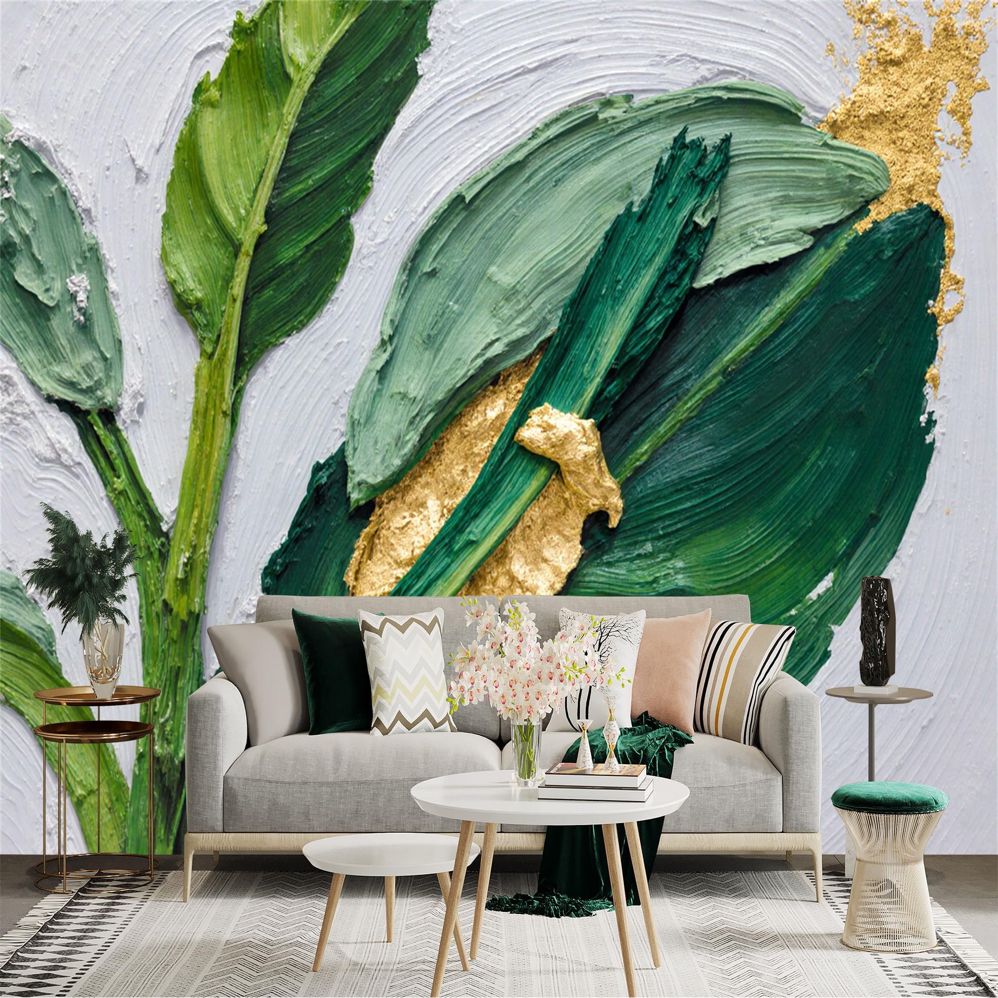 Custom Size Wall Sticker Mural， Modern Abstract Green Leaves with Gold Texture， Botanical Art Decor， for wall Decoration， peelandstick wall Decals.