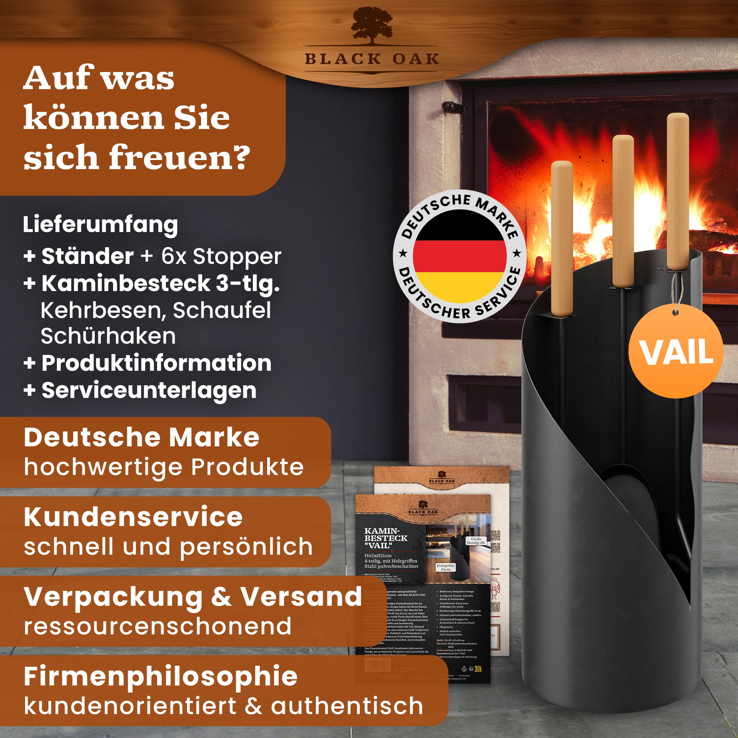 BLACK OAK Kaminbesteck VAIL 4-teilig - modernes Ofenbesteck Set schwarz mit Holzgriff 4 teilig mit Schürhaken Ascheschaufel Kaminbesen + Ständer modern Stahl - Kaminzubehör Kaminofen Besteck für Ofen