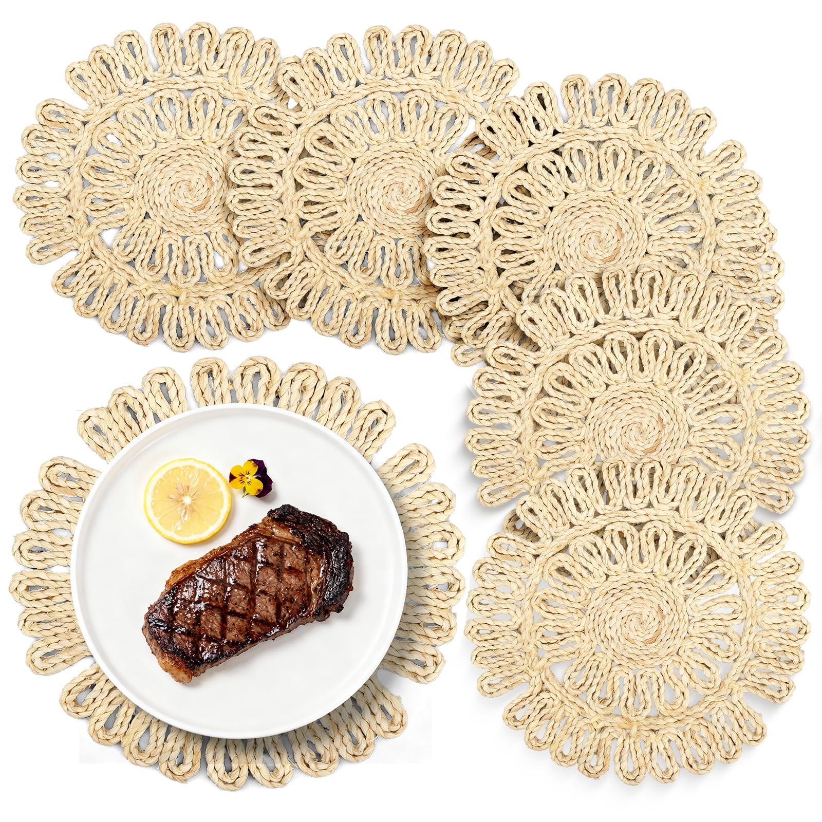 Lot de 6 Sets de Table Ronds Tressés Tournesol 30 cm, Décoration de Table Style Naturel et Bohème, Résistants à la Chaleur, pour Cuisine et Salle à Manger, Beige