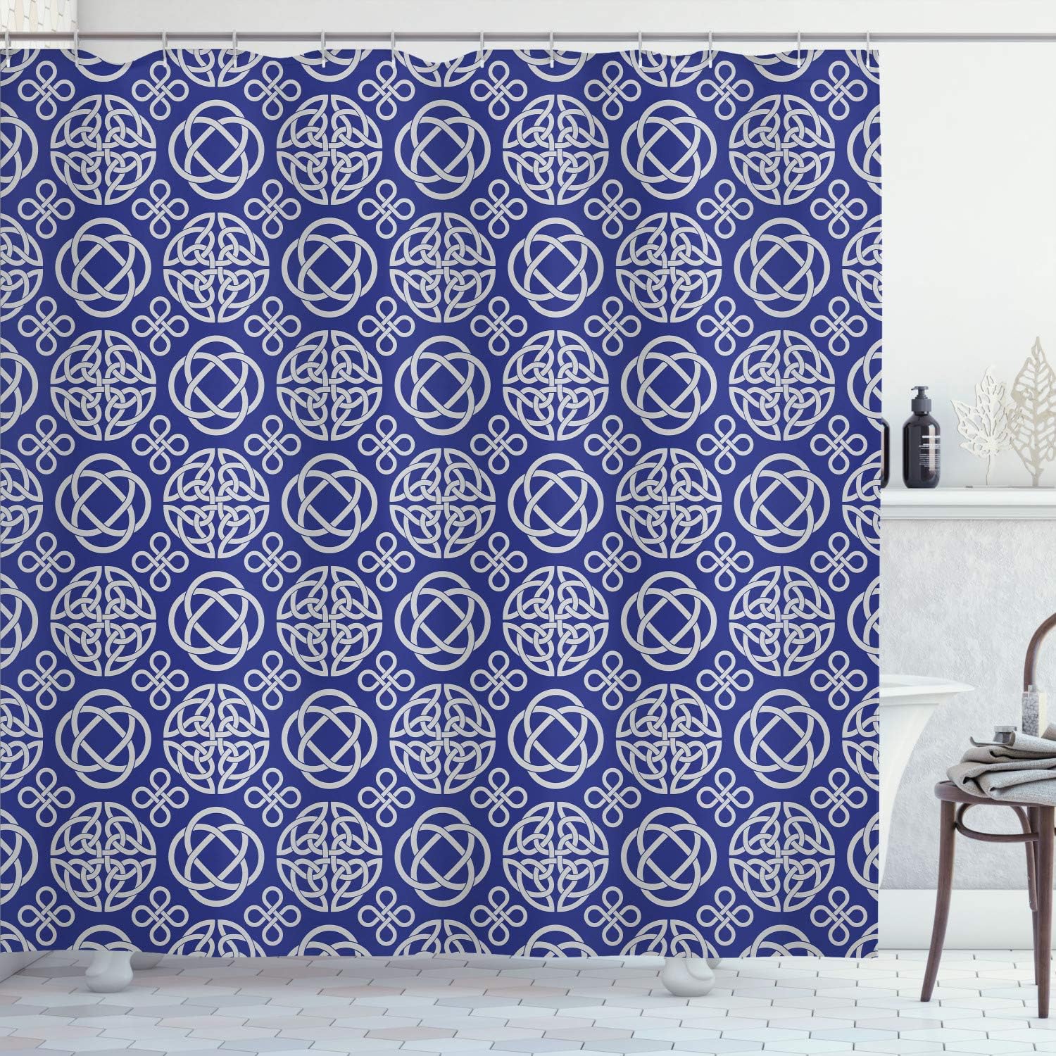 Ambesonne Celtic Shower Curtain, Retro Tribal Circle Knots Eternity Forms Pattern Boho Ireland Irish Floral Artwork, Cloth Fabric Bathroom Decor Set with Hooks, 75" Long, Quartz