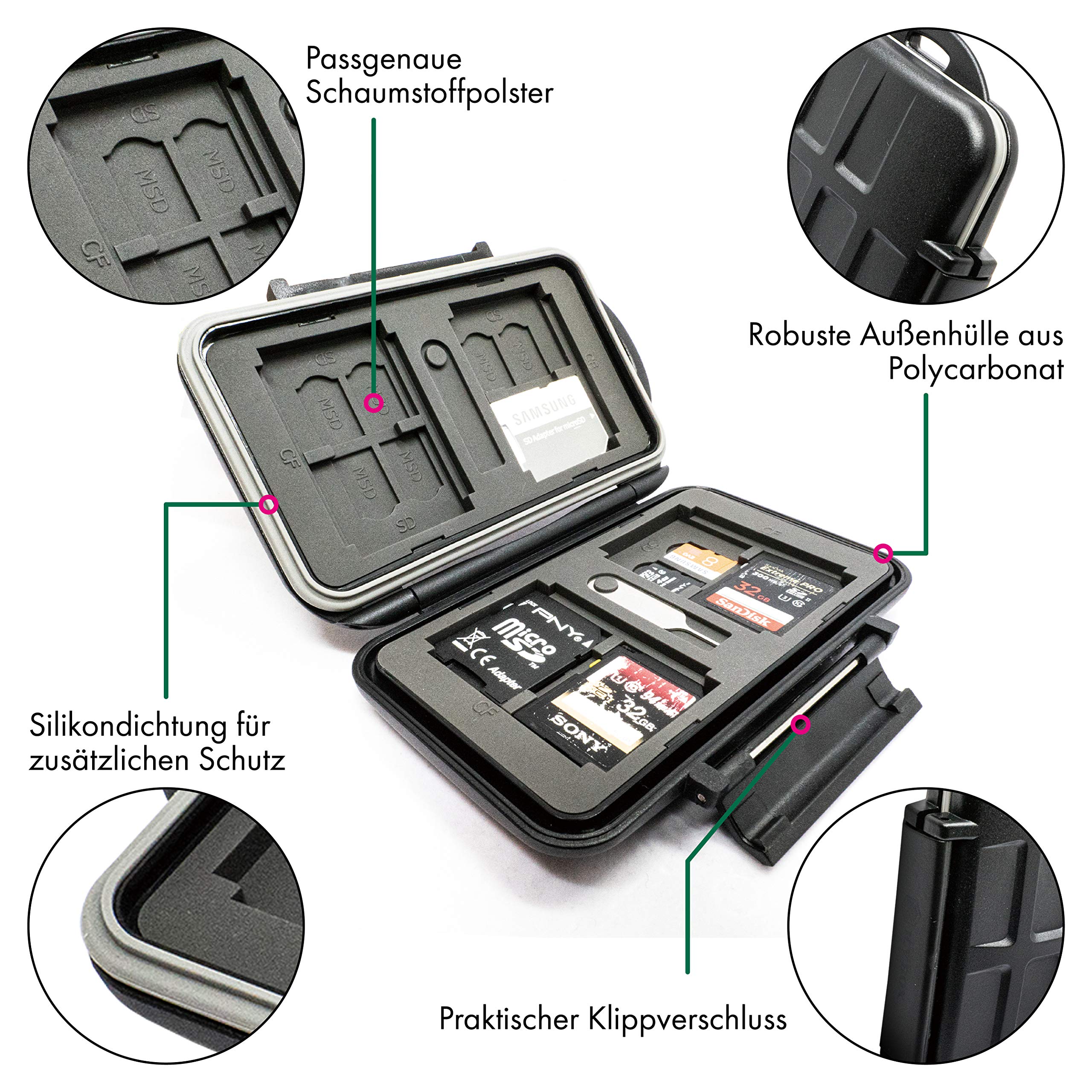 Boîtier Rangement ICY Box IB-AC620-SD – Pour 12 Cartes Mémoires (SD, MicroSD) – Fermeture à Clip, Noir, Léger