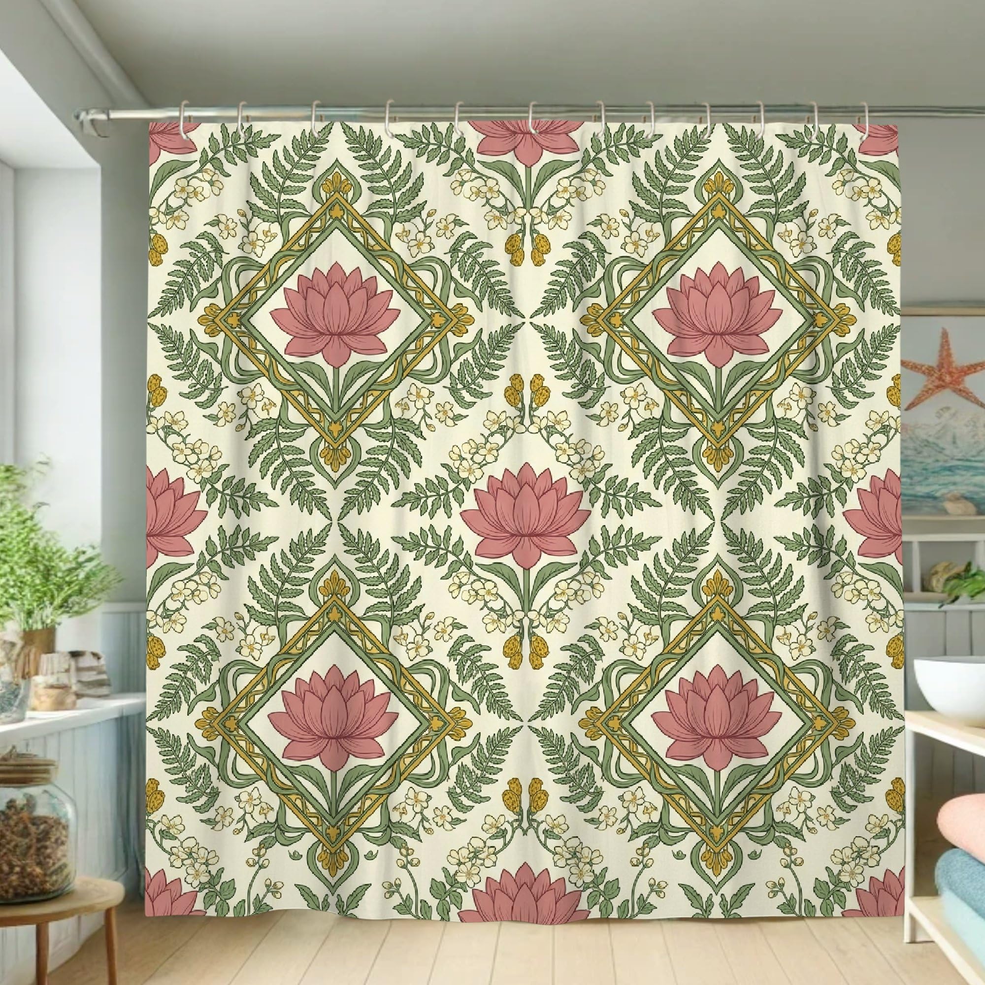 Rideau de douche nénuphar botanique vintage 183x183 cm lavable avec crochets décor de bain