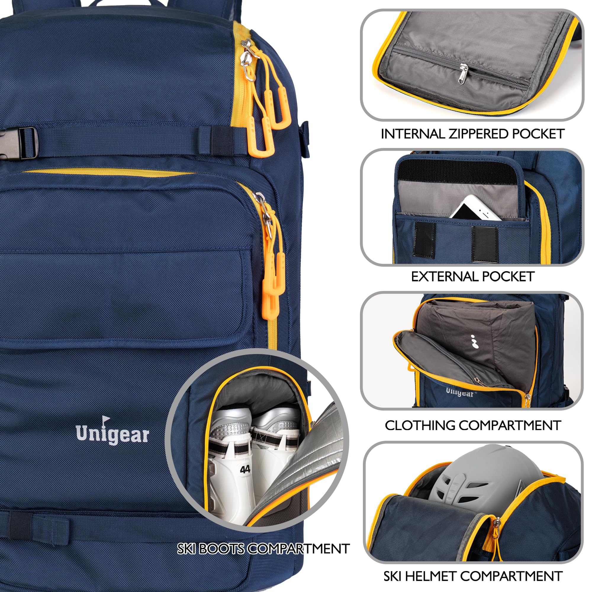 Unigear Borse per Scarponi Sci, 50L/70L Zaino per Scarponi da Sci Snowboard con Sistema Molle Negozio Attrezzatura Inclusa Scarpe, Giacca, Casco, Occhiali, Guanti, Scarponi da Neve