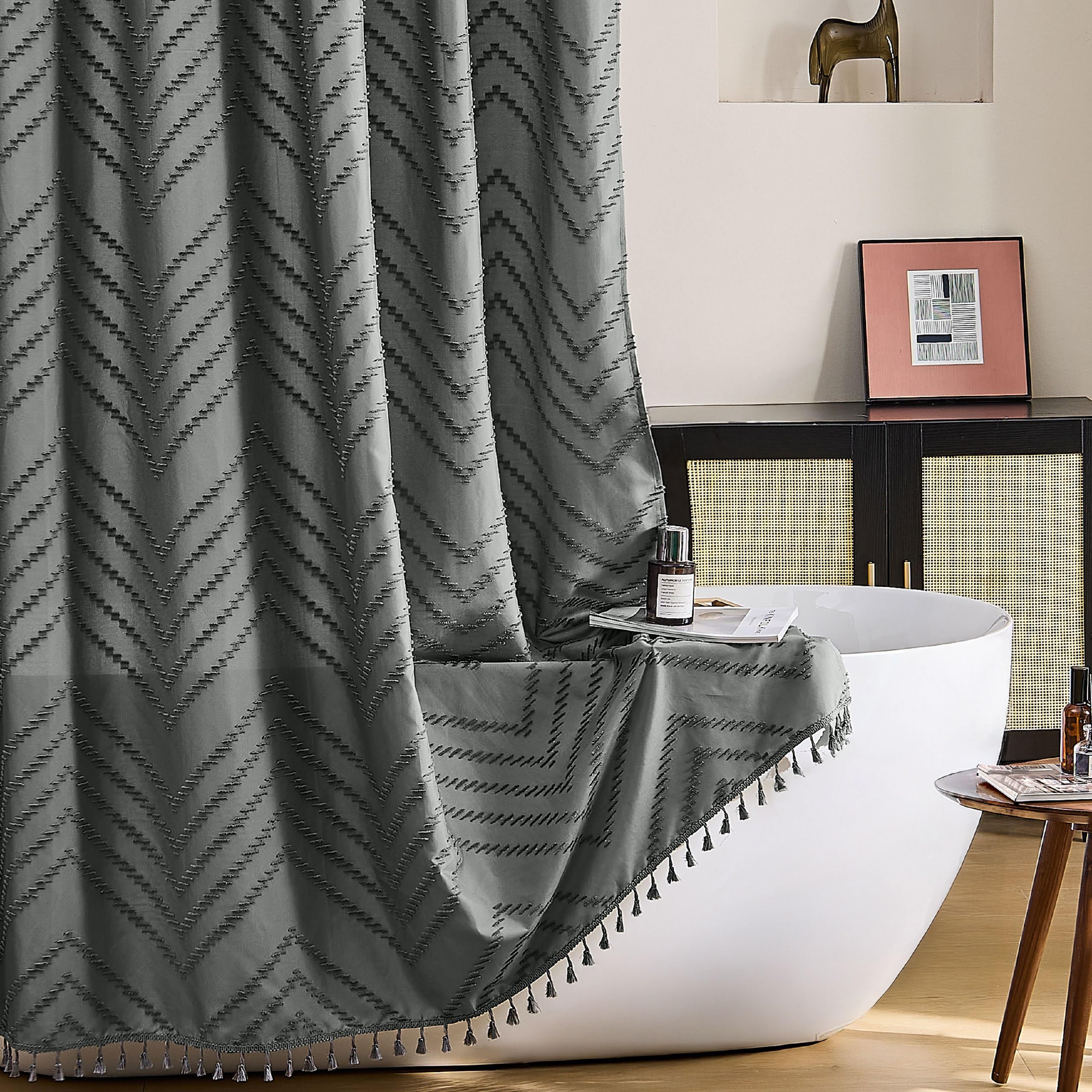 Siiluminisoy Boho Extra Long Grey Shower Curtain With Tassel, Woven Fabric, Tufted Chevron Striped, 72 x 78, Modern Chic Textured Minimalist Bathroom Decor — image 1