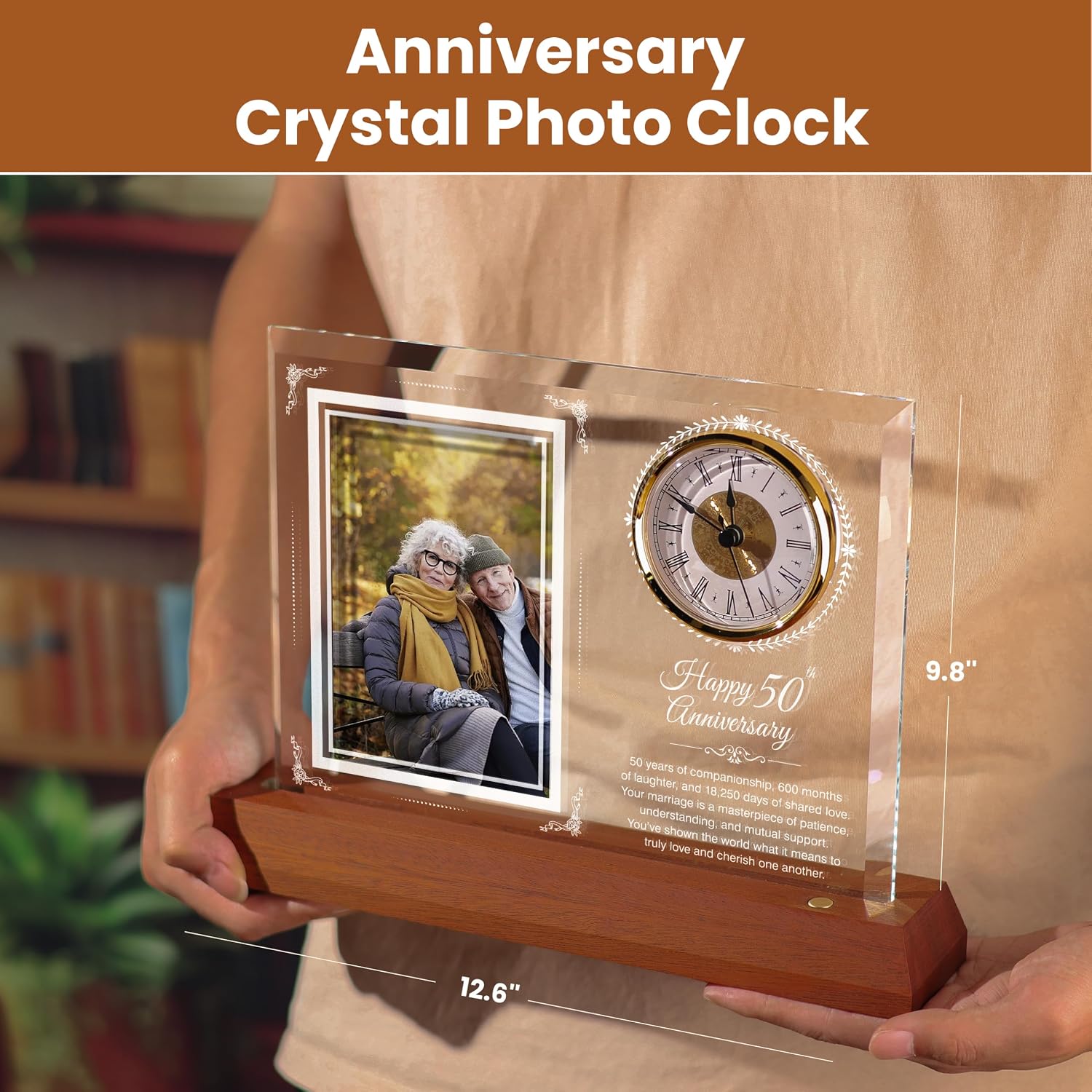 50th Wedding Anniversary Crystal Clock Photo Frame Gifts，Hold 6 inch Photo | Wooden Light Base,50 Years Marriage Gift,Happy Golden Wedding Anniversary Decoration Gifts,for Parents,Couples,Him，Her