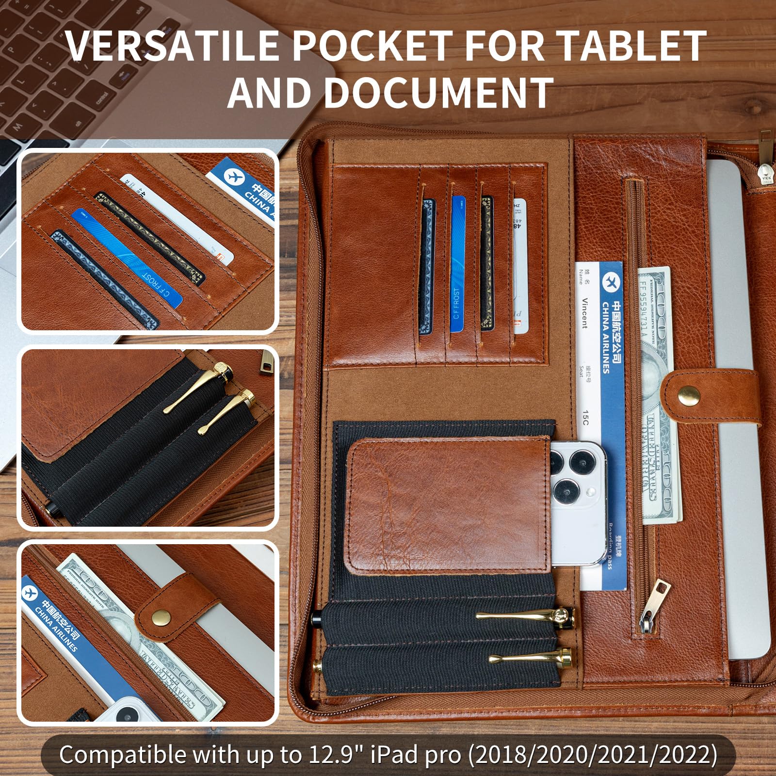 YIWEN Cartella in pelle fatta a mano con manico, tasca frontale con cerniera, clip per blocco note formato lettera, cartella da viaggio d'affari, Olio Cera marrone, Non-custom, Oil Wax-brown