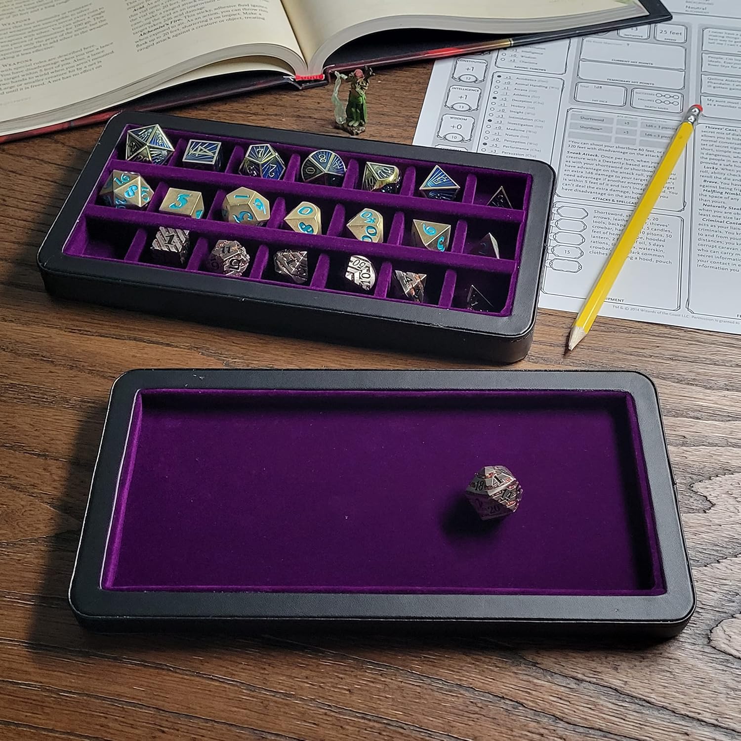 Forged Dice Co. Reliquary Large Divided Case With Tray for Polyhedral Sets - 21 Felt-Lined Chambers - Magnetic Lid Closure - Metal Storage Box - Purple image 5