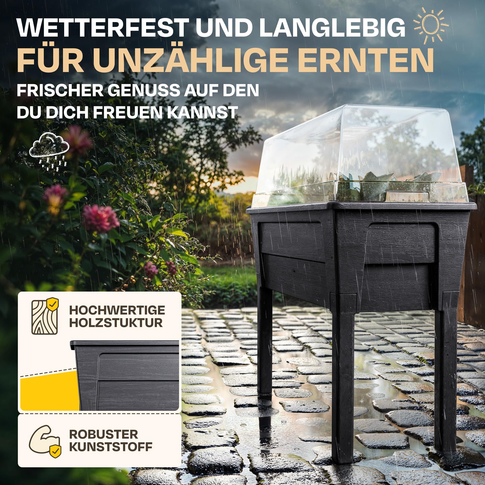 Ondis24 Garten Hochbeet Blumenkübel Victoria für Balkon, Pflanzkasten mit Gewächshaus, Volumen 50 L, Wasserspeicher, Tröpfchenbewässerung, abnehmbare Füße, Outdoor geeignet (2, Anthrazit)