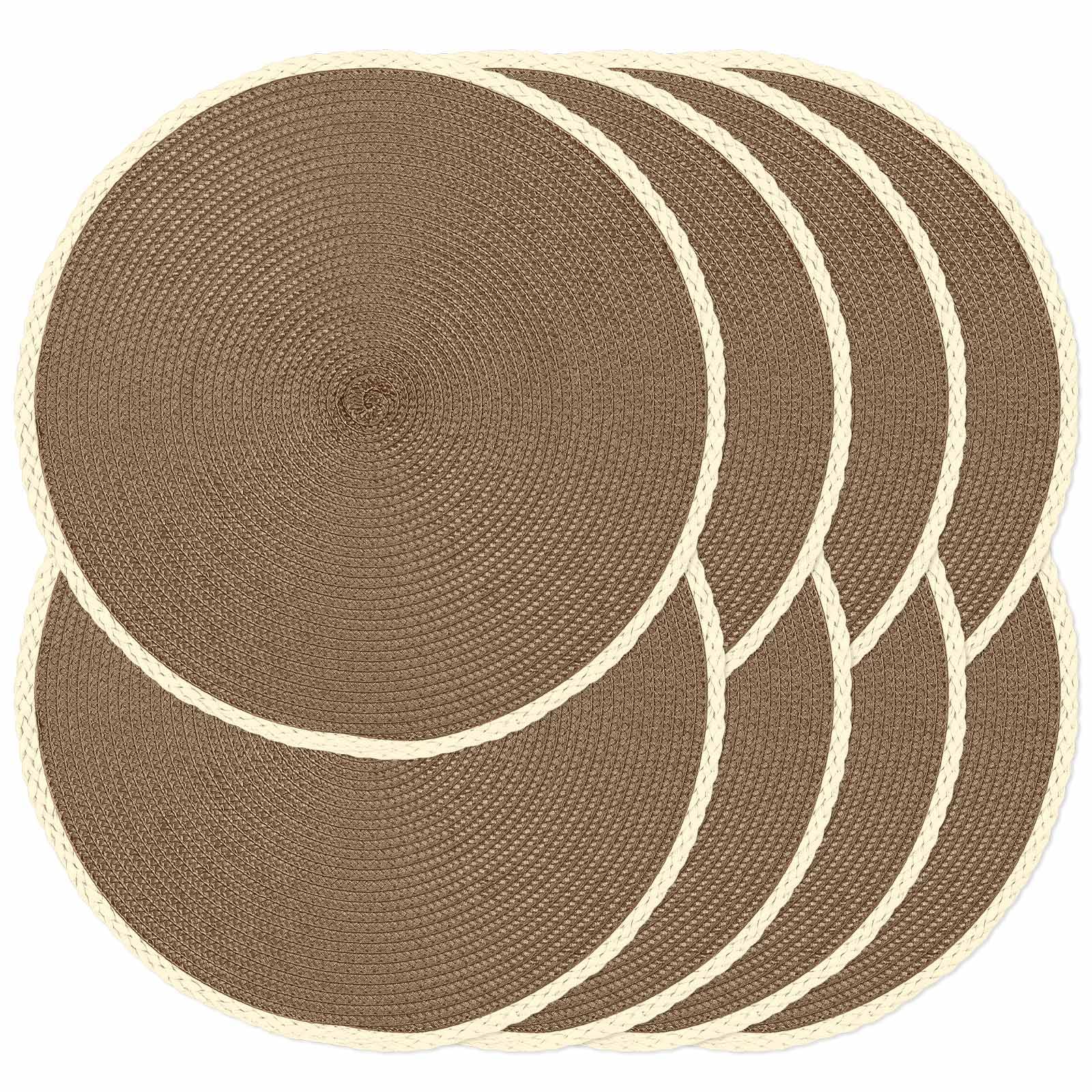 Round Placemats Set of 8, Woven Table Mats, Thin Edge, Coffee Brown