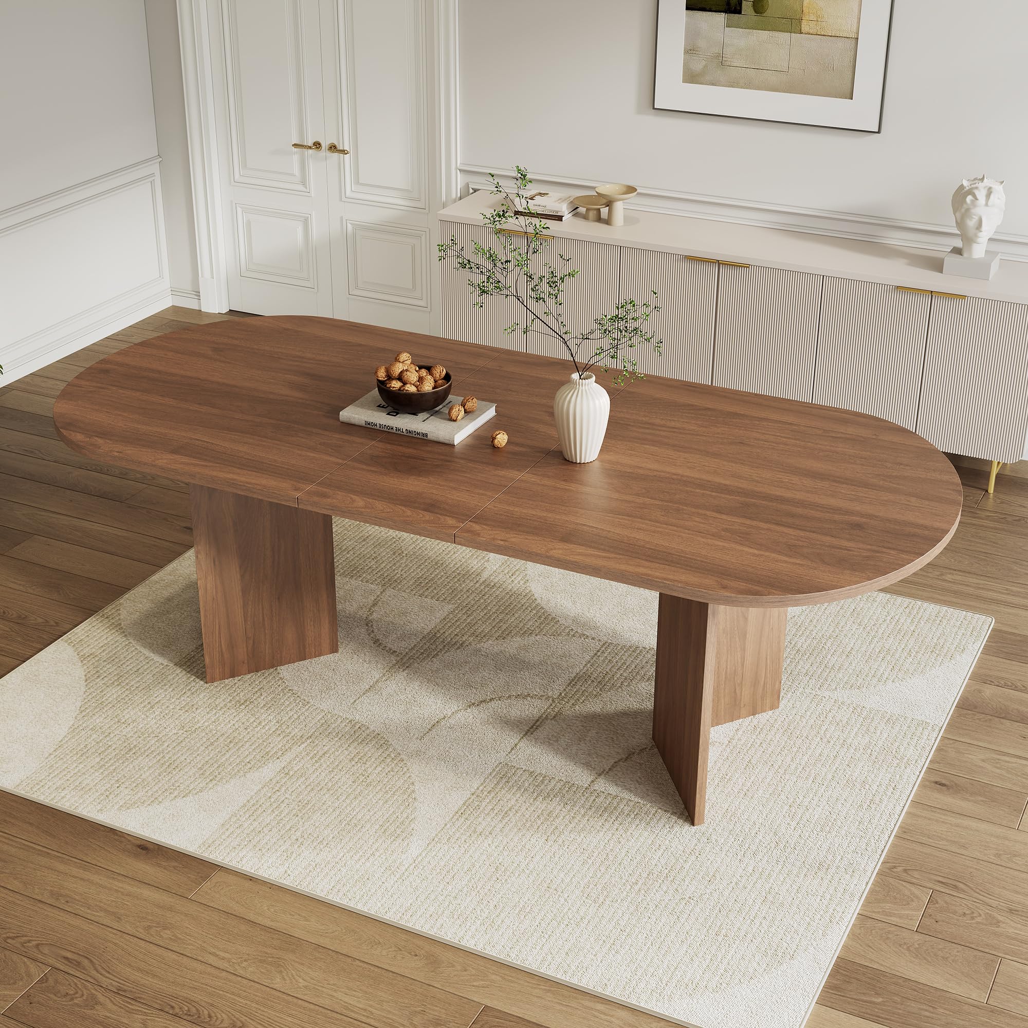 Mesa de Comedor Extensible Ovalada, 160/200 x 90 cm, Mesa de Comedor de Estilo Simple, Mesa de Cocina para 6-8 Personas, Tapa Gruesa, Esquinas Redondeadas, Color Nogal