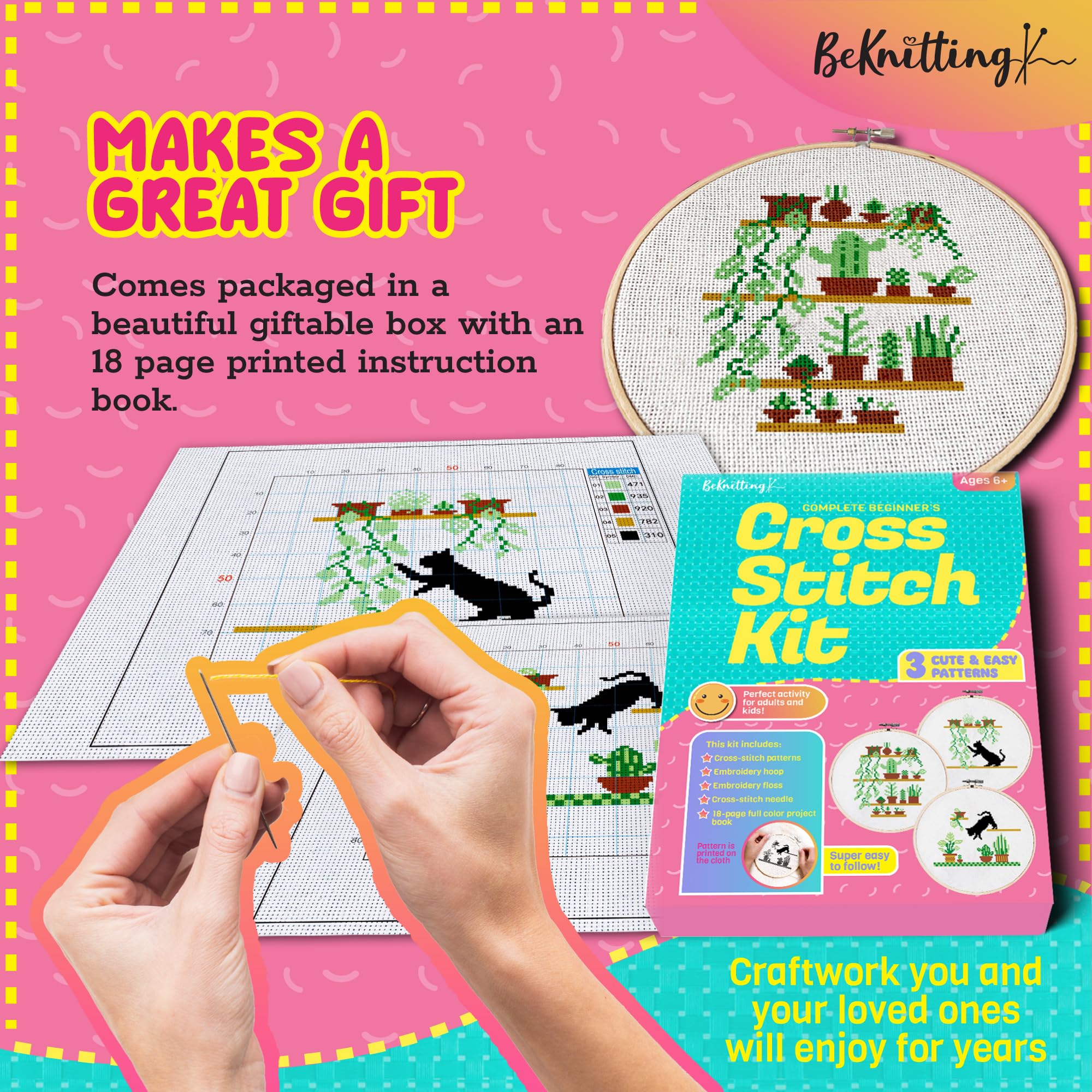 BeKnitting Kit de punto de cruz para principiantes, adultos y niños, patrones de punto de cruz, aro de bordado, hilo dental y agujas