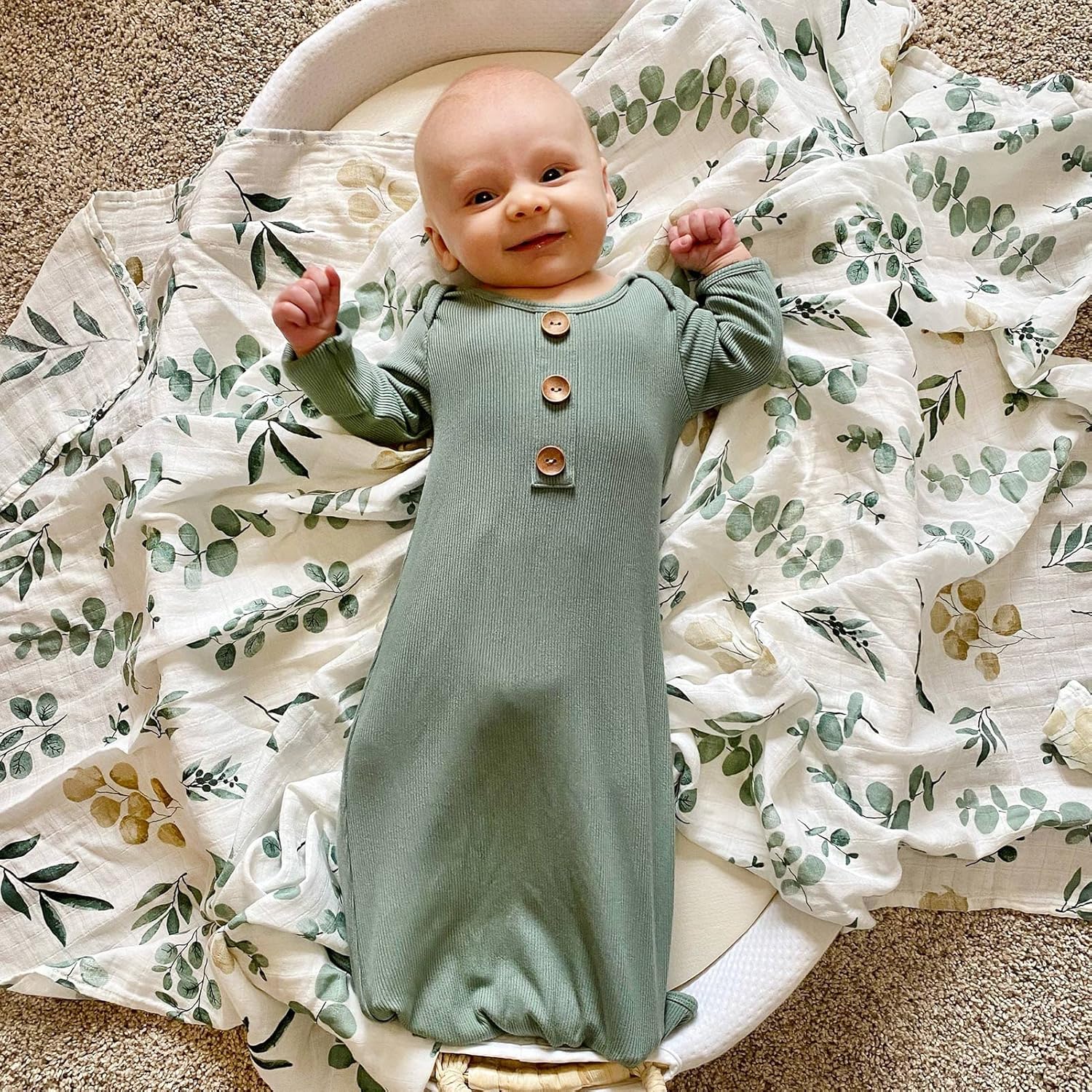 LifeTree Newborn Swaddle Set with Matching Hat and Headband Bow, Wooden Birth Announcement Card, Muslin Baby Swaddle Blankets for Boys & Girls, Eucalyptus Pattern - Image 4