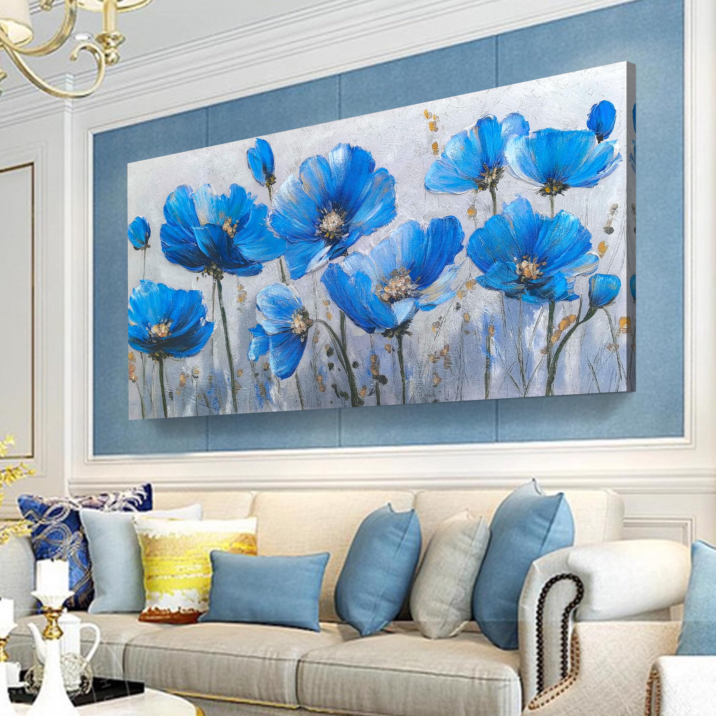 Photo 1 of Tarfupth Blue Floral Canvas Wall Art for Bedroom Botanical Painting Wildflower Pictures Large Artwork for Living Room Office Home Wall Decor 29x58 Inch