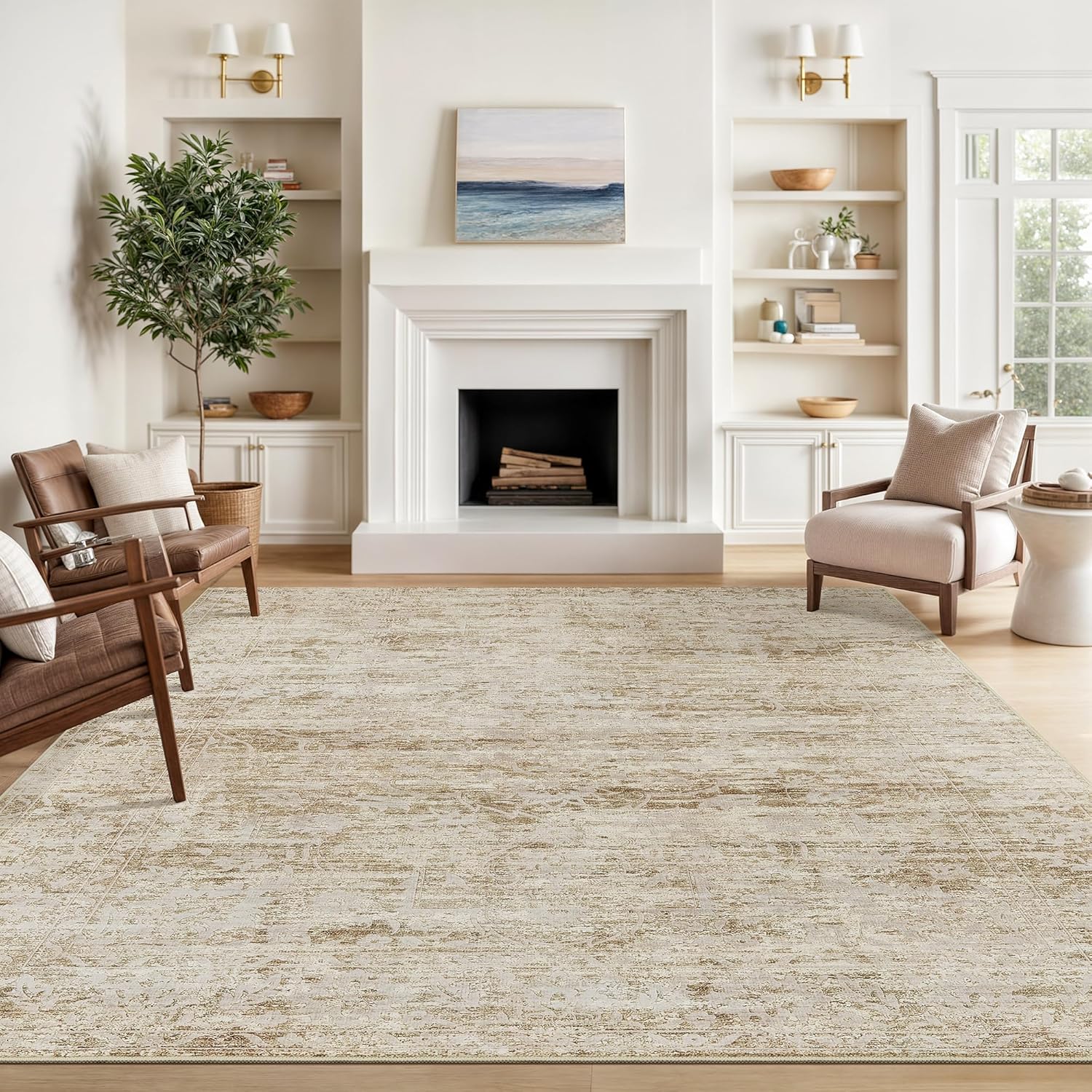 8x10 Area Rugs for Living Room, Stain Resistant Neutral Washable Rugs for Dining Room, Floral Vintage Non-Slip Thin Large Size Area Rug Brown Sand Sand 8' x 10' (Rectangular)