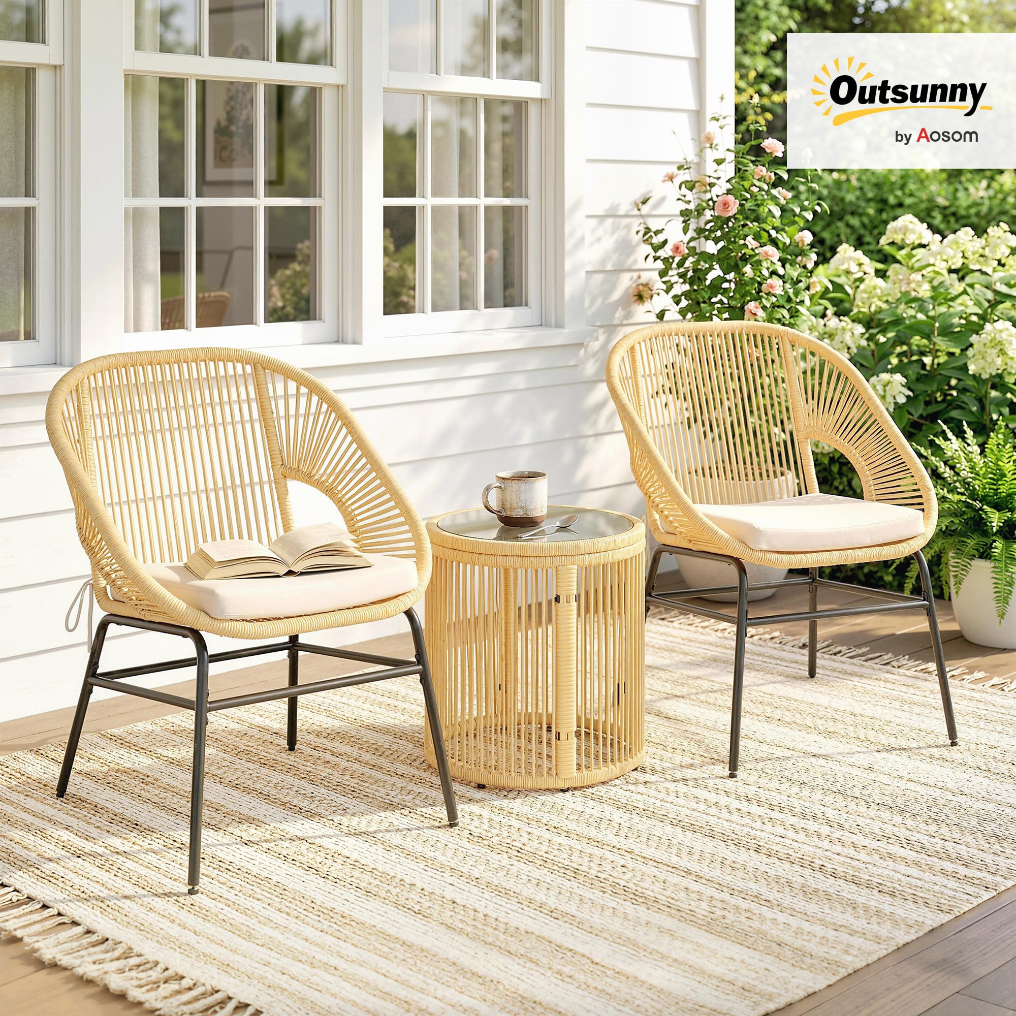 Outsunny Ensemble Bistro 3 Pièces Résine Tressée Salon Balcon 2 Fauteuils Table Verre Trempé Beige