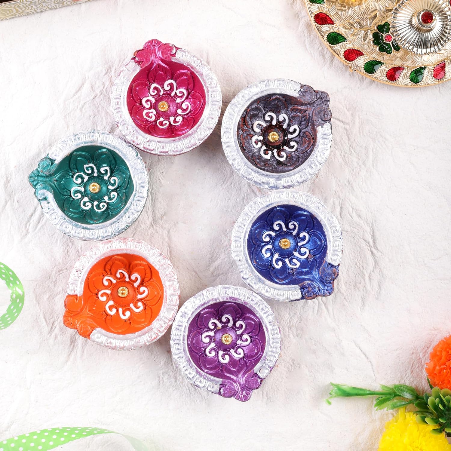 Handmade Terracotta Set of 6 Multicolor Clay Diya for Diwali/Navratri Decorations Oil Lamp Diwali Clay Diya Tea Light Holder Indian Decor Festival Gifts Puja Items | TRBD6-03