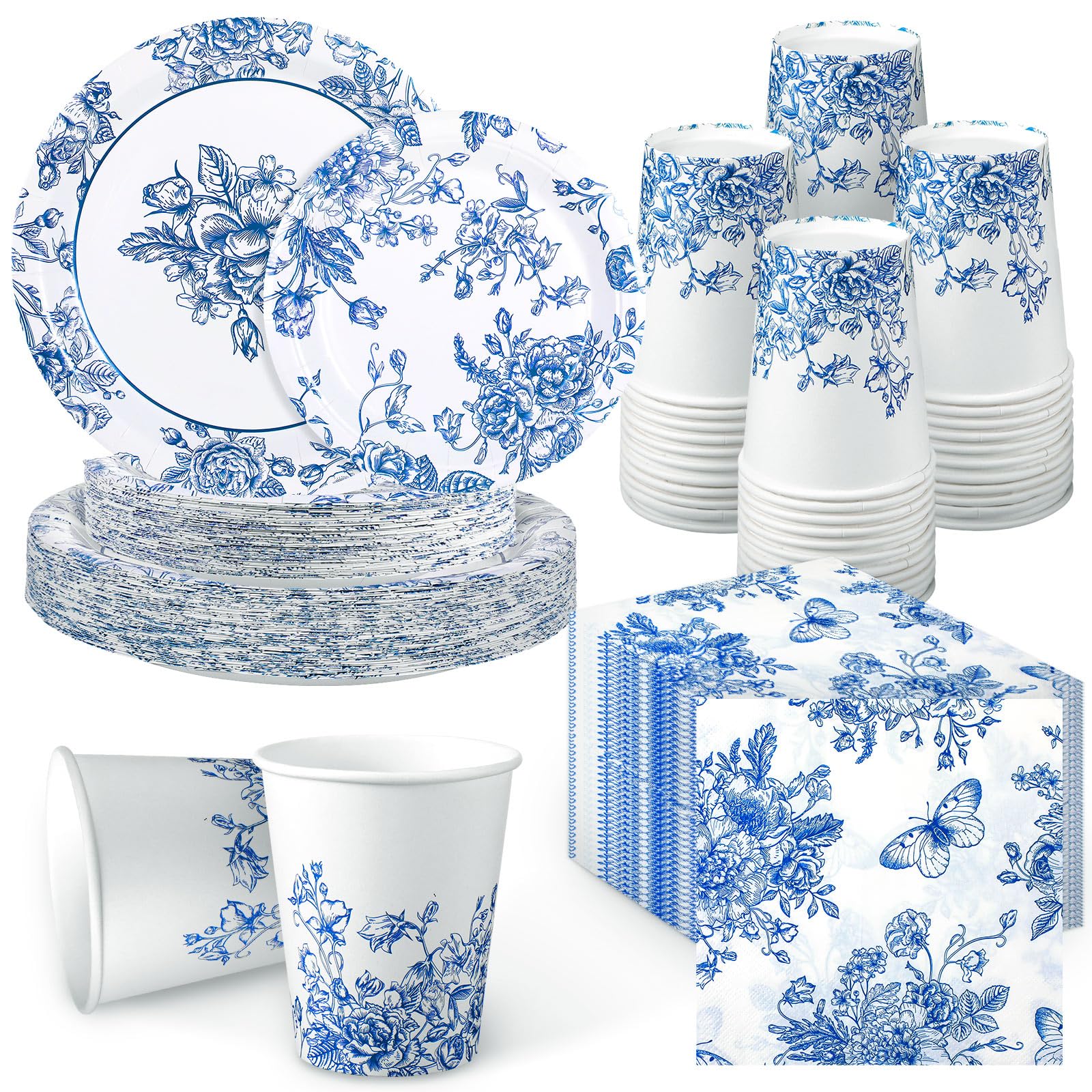 Amazon.com: Nitial 200 Piece Blue and White Flower Disposable Tableware ...