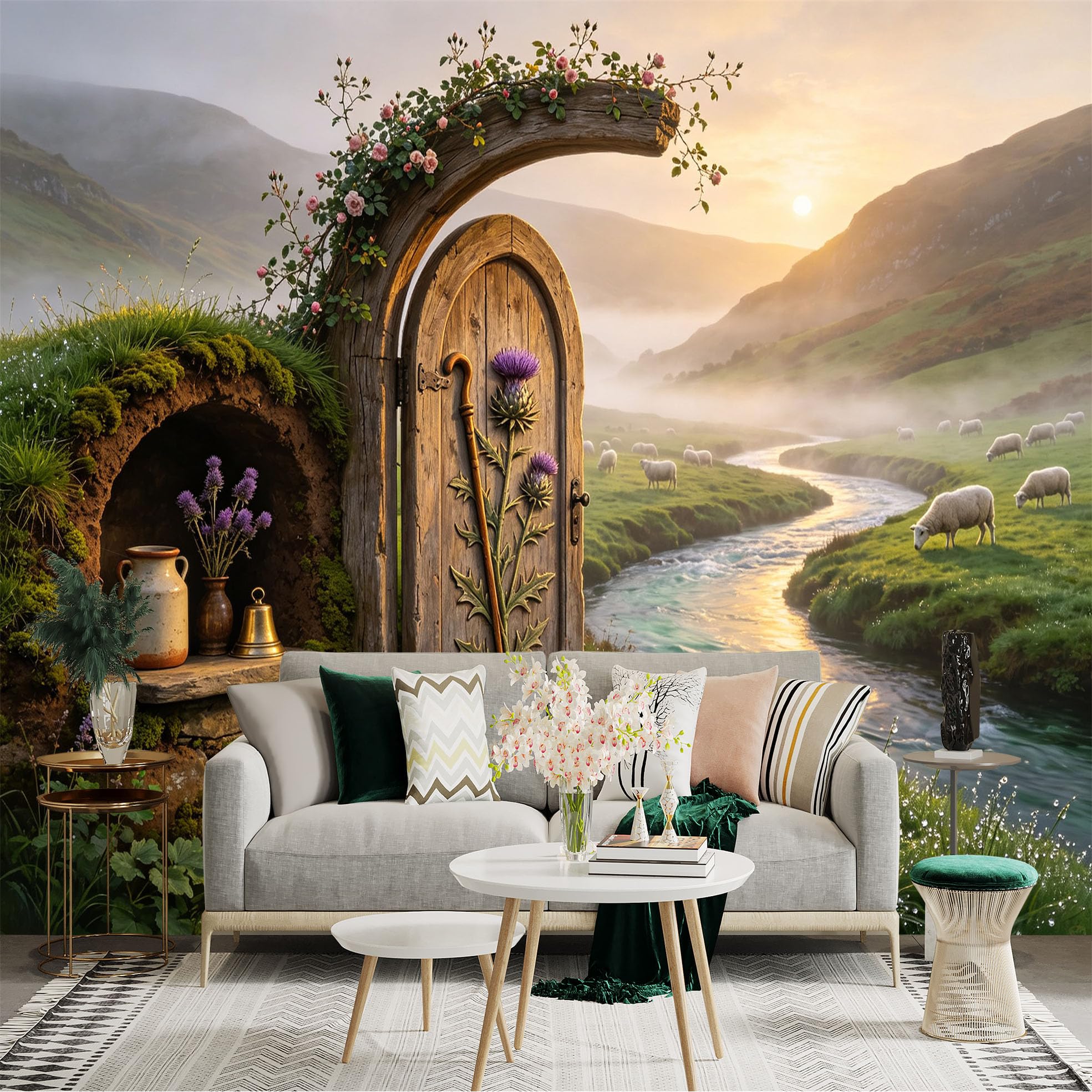 Custom Size Wall Sticker Mural， Rustic Cottage Door， River Valley， Sheep Meadow， Sunset Landscape， for wall Decoration， peelandstick wall Decals.