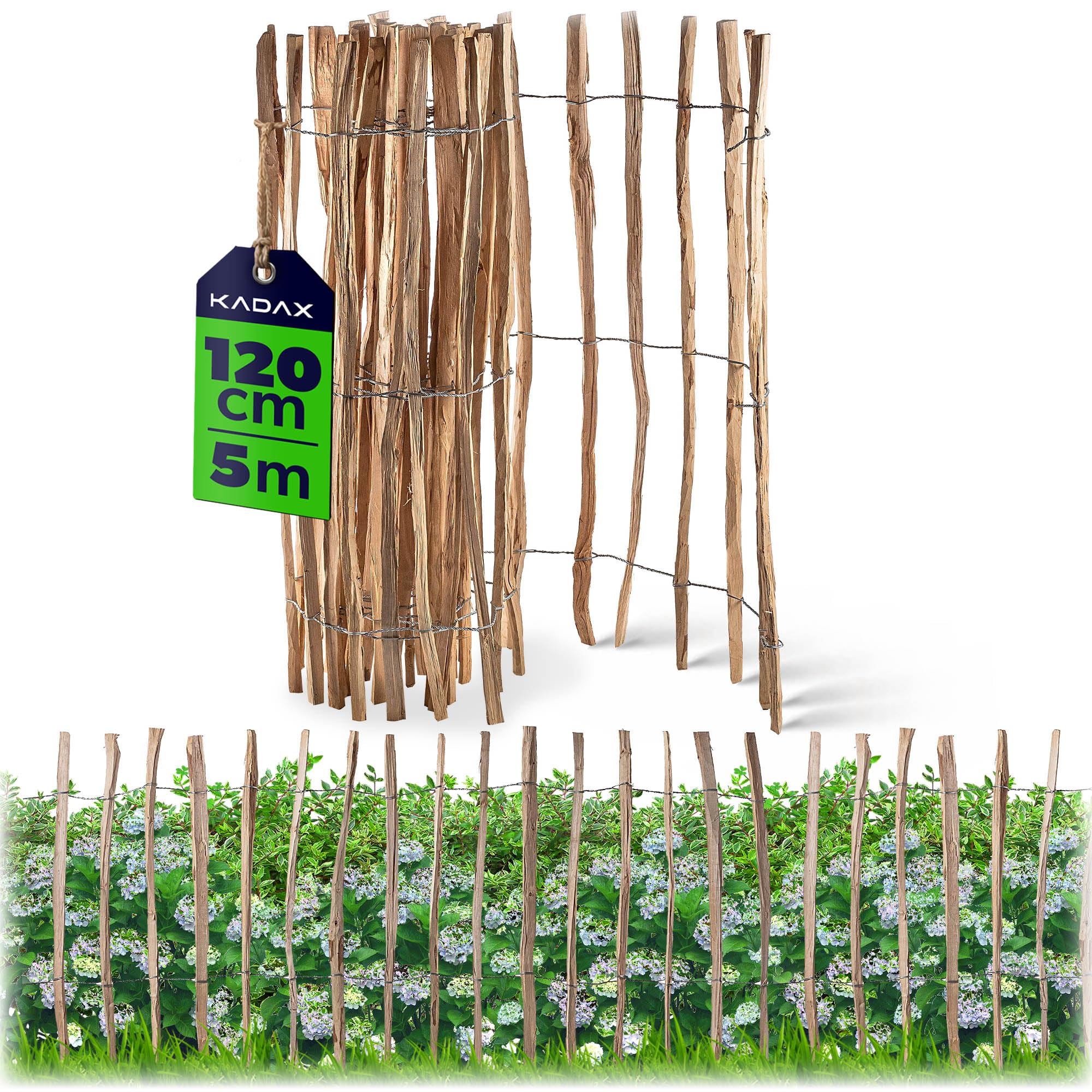 KADAX Cloture a Piquets en Bois de Noisetier pour Jardin, Ganivelle Naturelle et Durable pour Delimitation de l'Espace Exterieur (7-9 cm, 120 x 500 cm)