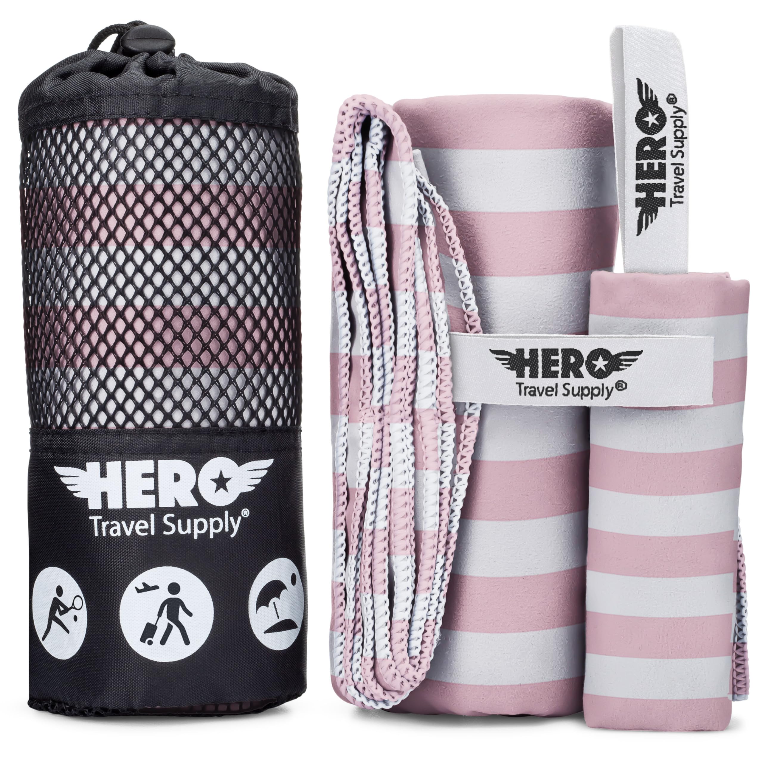 HERO Travel Supply Hero Microfiber Towel, Camping, Beach, Gym, Includes Bonus Washcloth (Pink Stripe, 24" x 48")