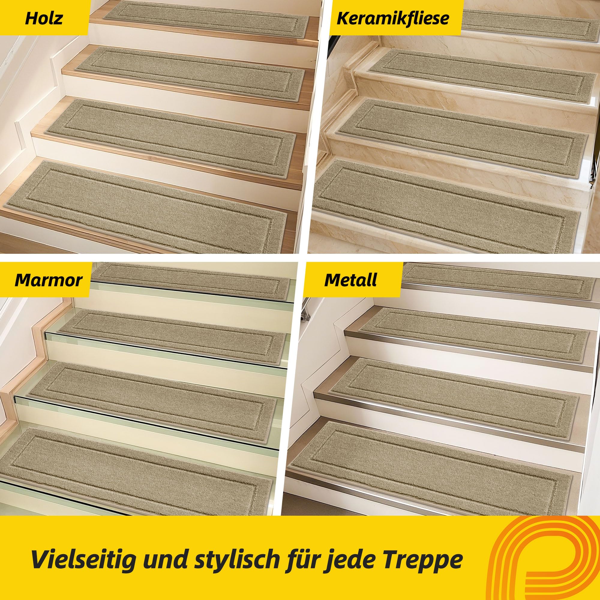 JSEI Stufenmatten Innen rutschfest 15 Stück, 20,3 x 76,2 cm Maschinenwaschbare Treppenteppich Selbstklebend Stufenteppich für Kinder, Älteste und Haustiere, 100% Polyester TPE -Rücken, Beige