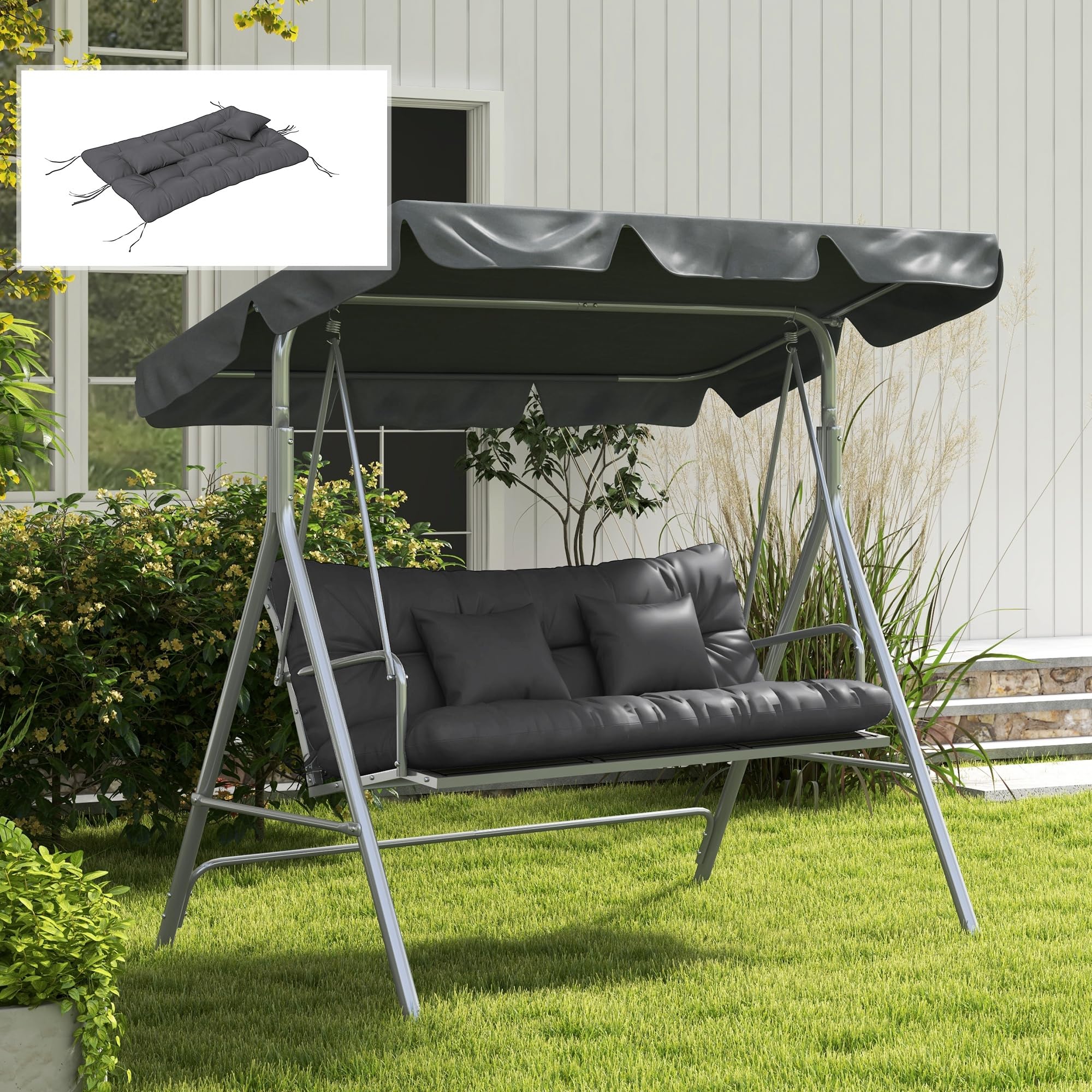 Outsunny Cuscini da Giardino Set 4 Pezzi per Schienale e Seduta con Imbottitura Spessa, Cuscini da Esterno in Poliestere, Senza Altalena, Grigio Carbone