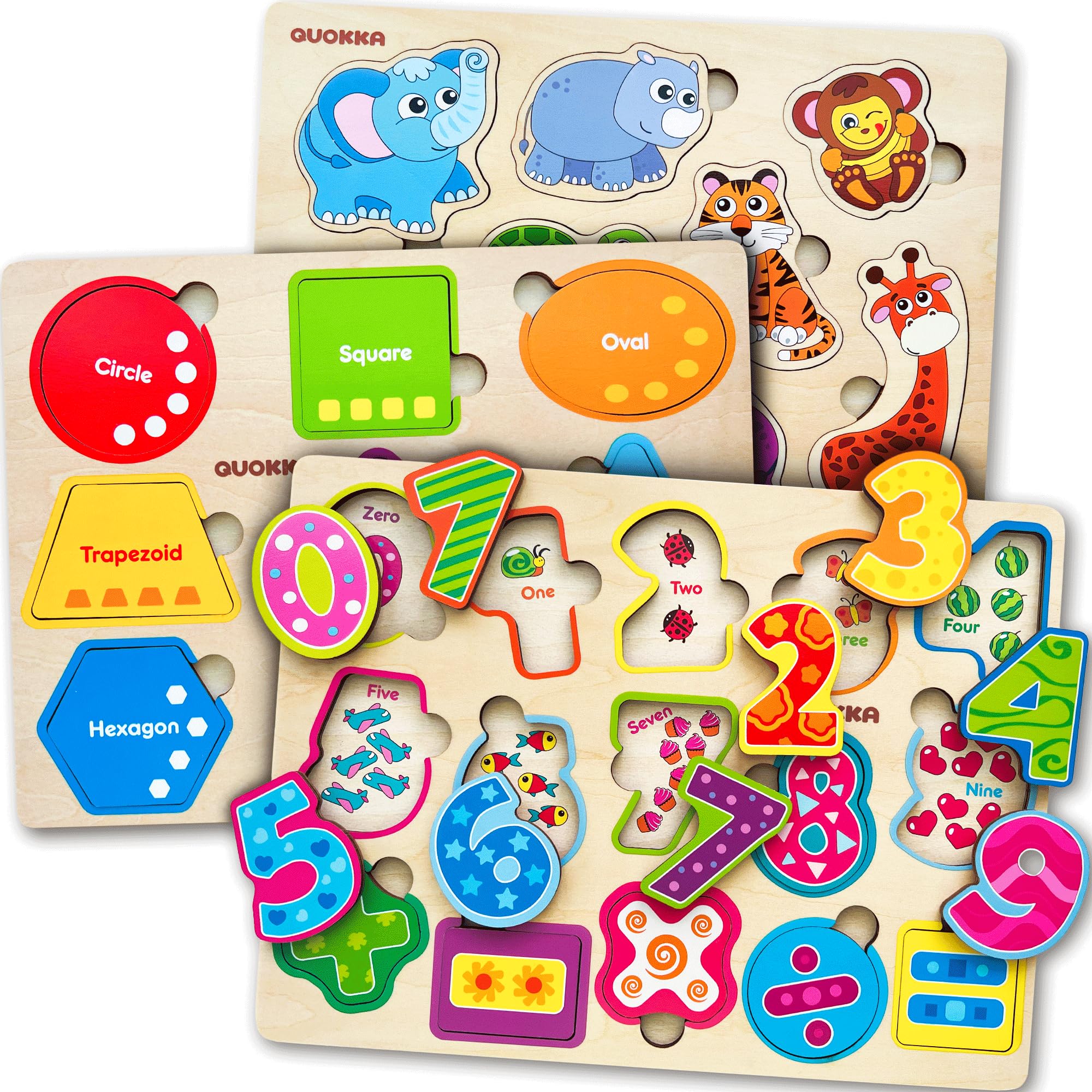 QUOKKA Wooden Puzzle Children 1 2 3 Years - 3 Game Wooden Letters for Baby - Montessori Puzzle Numbers Animals and Geometric Figures Educational Games - Gift for Boys and Girls 4 5 Years