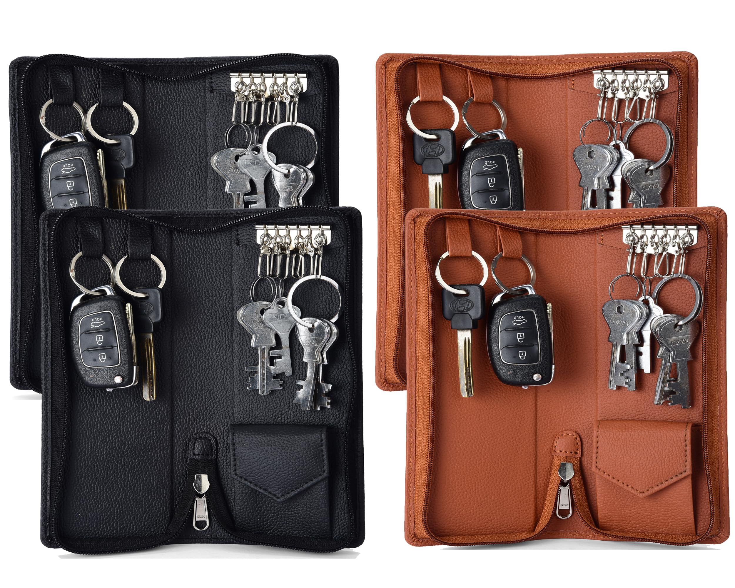 PU Leather Key Case Pouch Wallet Keychain Key pouch holder Men & Women Key Pouch Holder, Bank Locker Key Pouch with 6 Hooks Zipper Closure(Pack of 4)-image-11