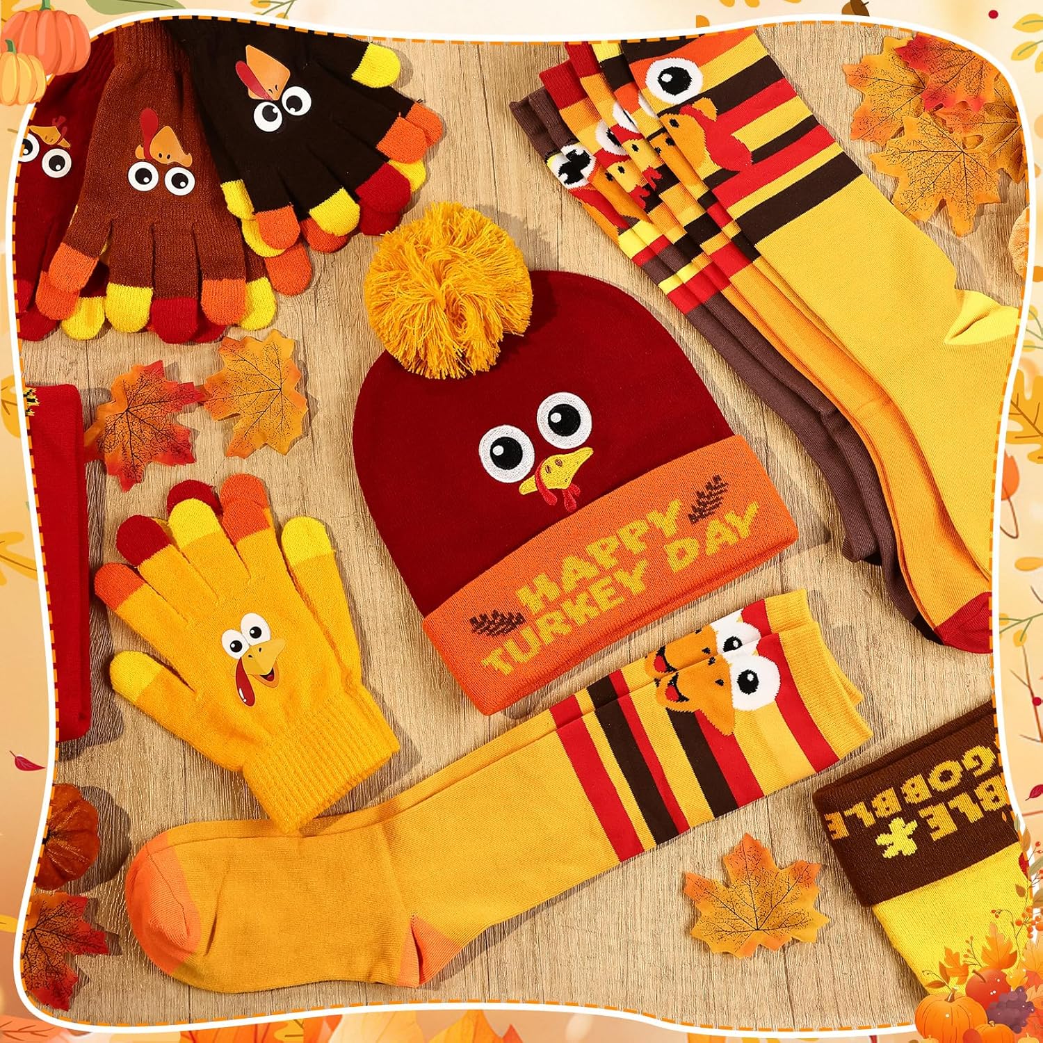 20 Pcs Thanksgiving Turkey Trot Gear Costume Thanksgiving Decorations Accessories Set with Turkey Hat Funny Knit Socks and Gloves for Women Adults Family Outfit Party Gift Running Gear