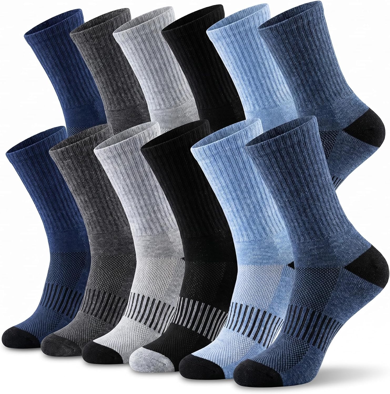 Tipi Toe 12-Pairs Athletic Crew Socks for Women Colorful Cushioned Sports Knit with Arch Support and Breathable Mesh
