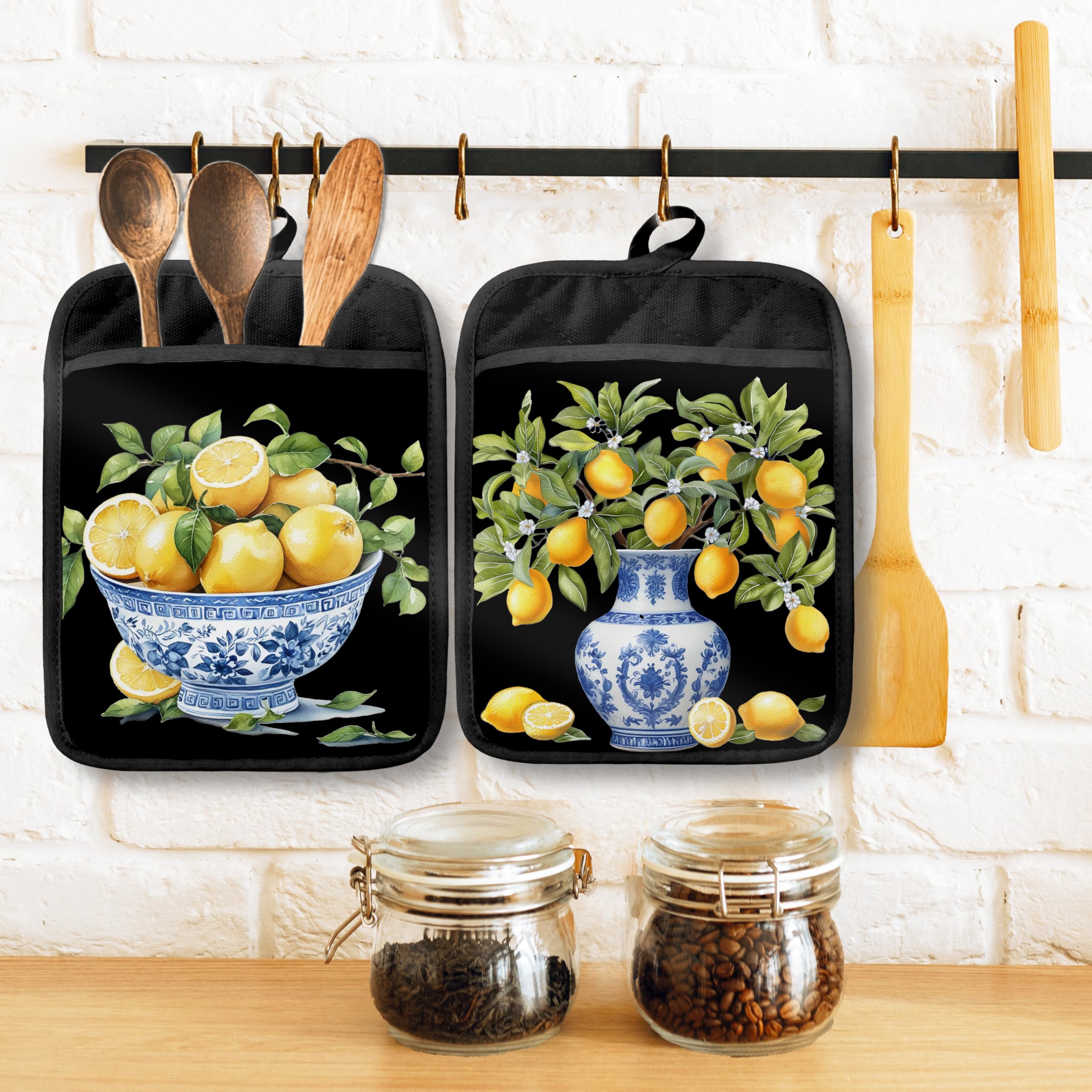 Chinoiserie Topflappen mit Taschen, blau und weiß, Grandmillennial Zitronenbaum, Ofen-Topflappen, hitzebeständig, Ofenhandschuhe, heiße Pads für Küche, Backen, Kochen