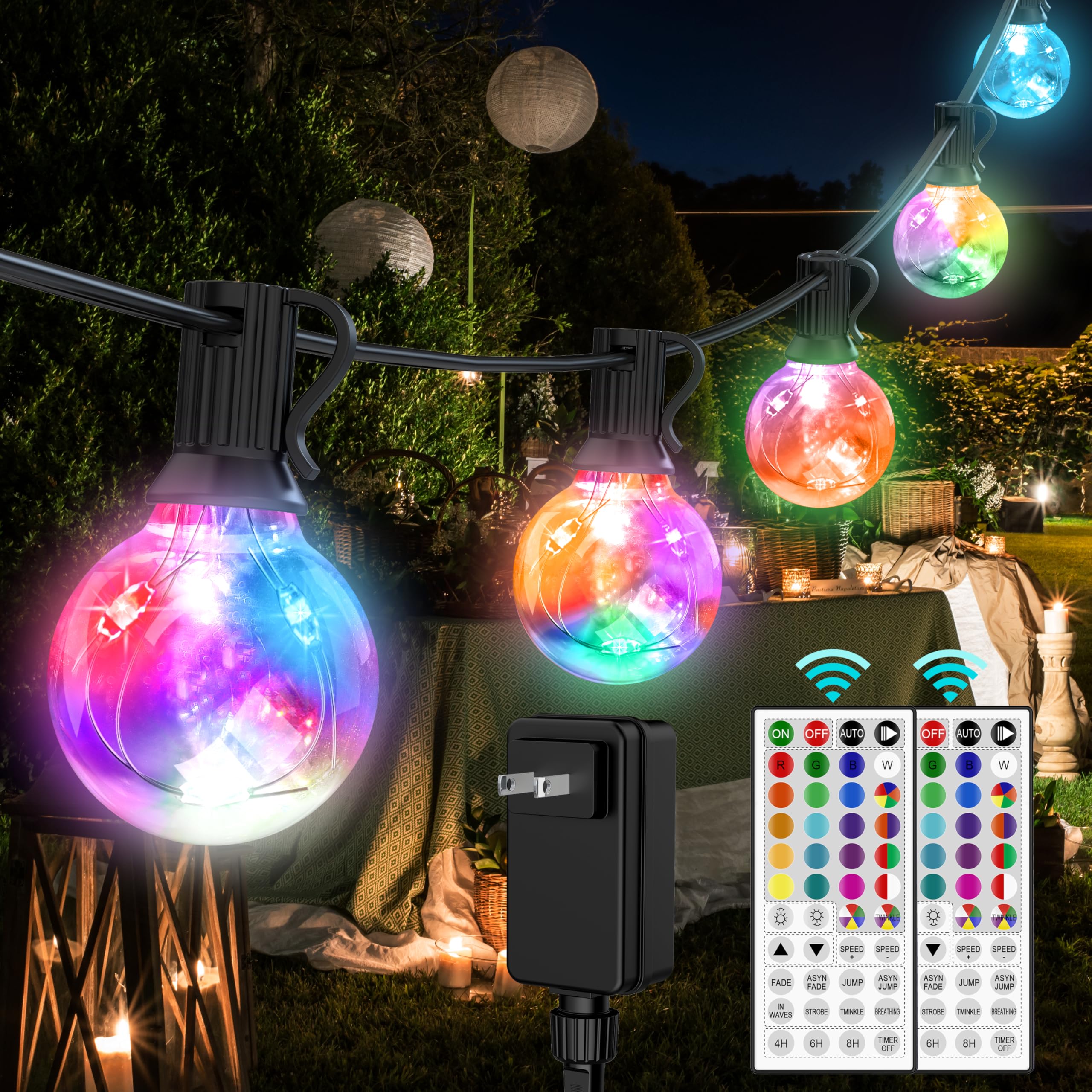 LED Outdoor String Lights, 30FT Connectable G40 Patio Light Outdoor Waterproof with 30 LED Bulbs, RGB Color Changing Cafe Decorative Lights with Remote for Outside Camping Gazebo Party Balcony Decor