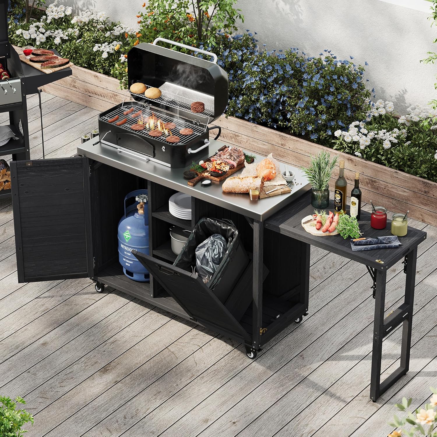 Solid Wood Outdoor Grill Cart Table with Stainless Steel Top & Tilt-Out Trash Can Cabinet, Patio Kitchen Storage Island Extendable Prep Station on Wheels for Backyard Garden, Black