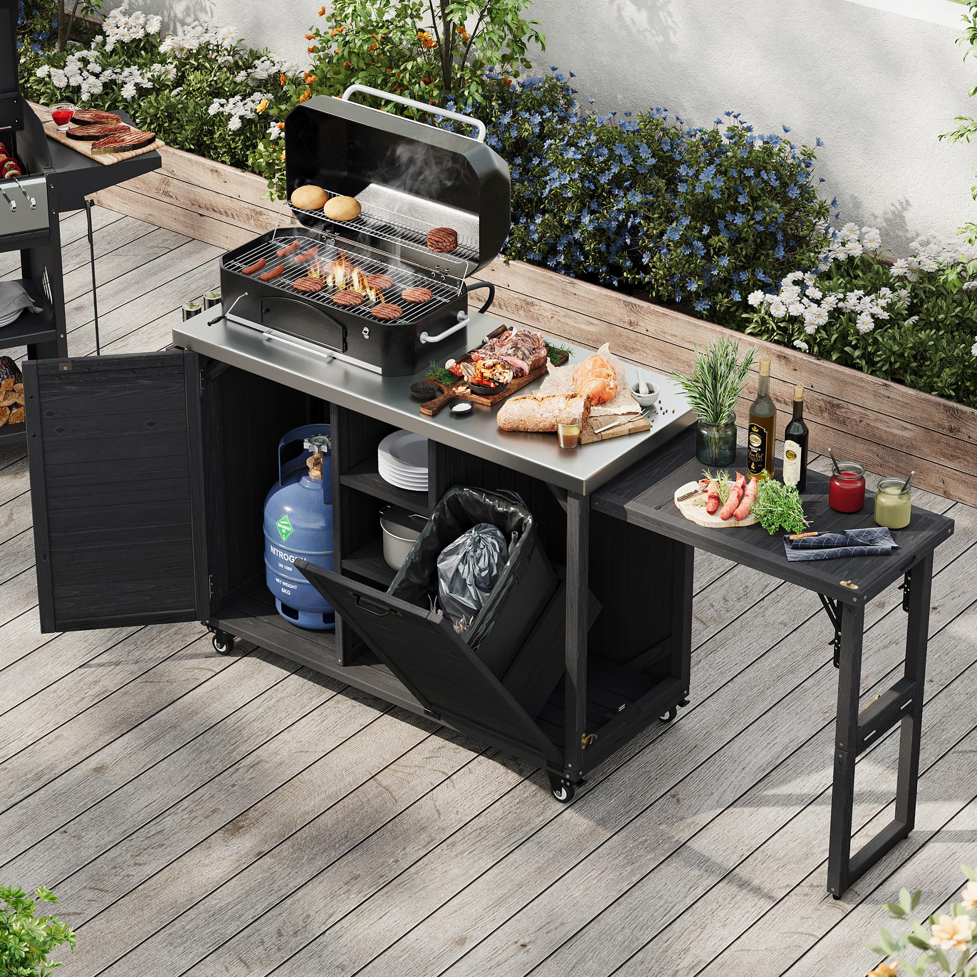 Merax 78.3" Outdoor Kitchen Island with Foldable Grill Table, Wooden Outdoor Grill Cart with Trash Can Storage &amp; Stainless Steel Top, Outdoor Bar Cart, Pizza Oven Table for Lawn &amp; Garden, Black