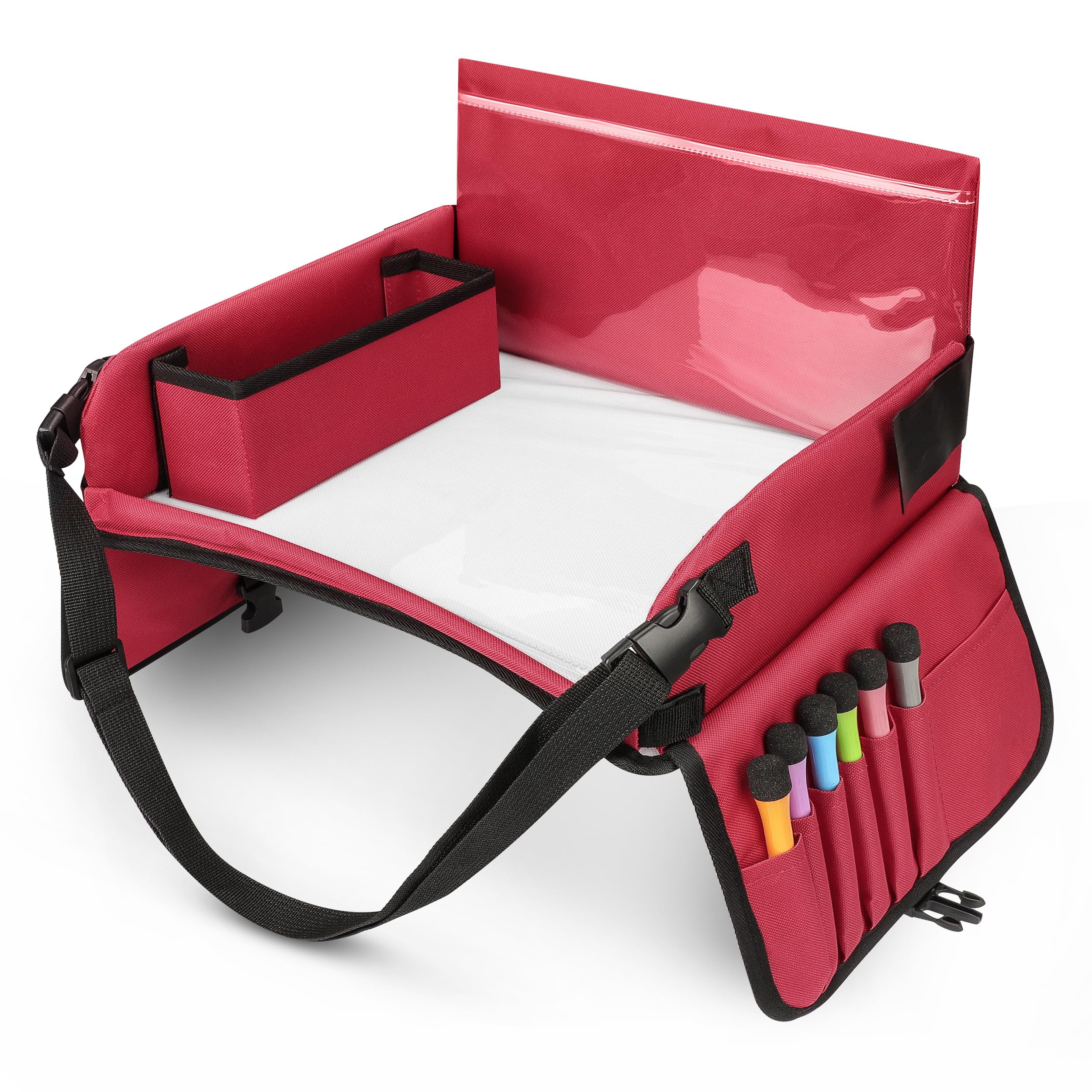 YOOFAN Mesa Coche para Niños, Bandeja Versátil para Dibujar y Jugar,Bandejas de Viaje para Niños con Ventana para iPad, 6 Bolígrafos de Colores, Cartón Extraíble y 4 Bolsillos para Libros y Más