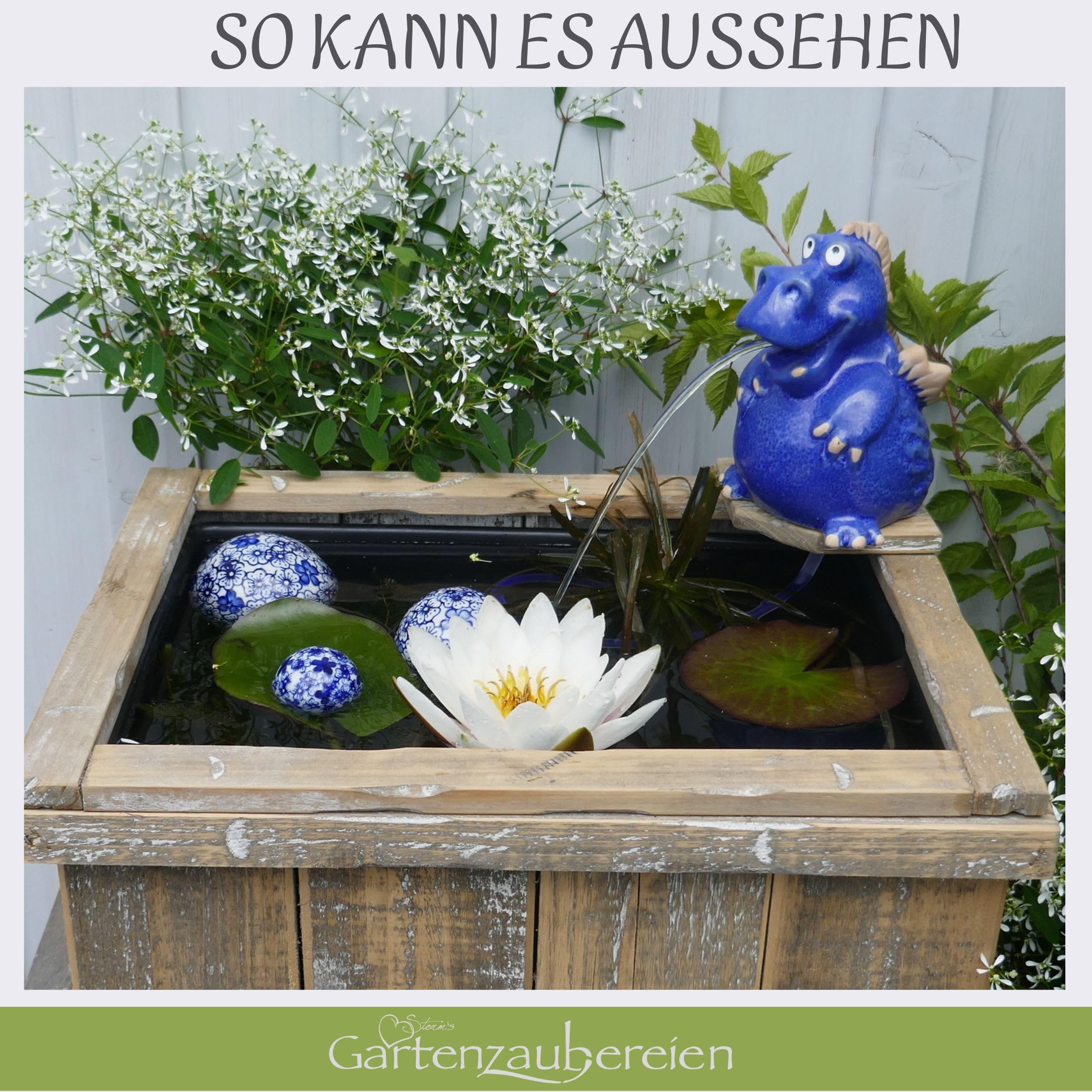 Storm's Gartenzaubereien Miniteich Set Holzkiste Teich Becken Wasserspeier Drache Pumpe Schwimmkugeln Teichkugeln