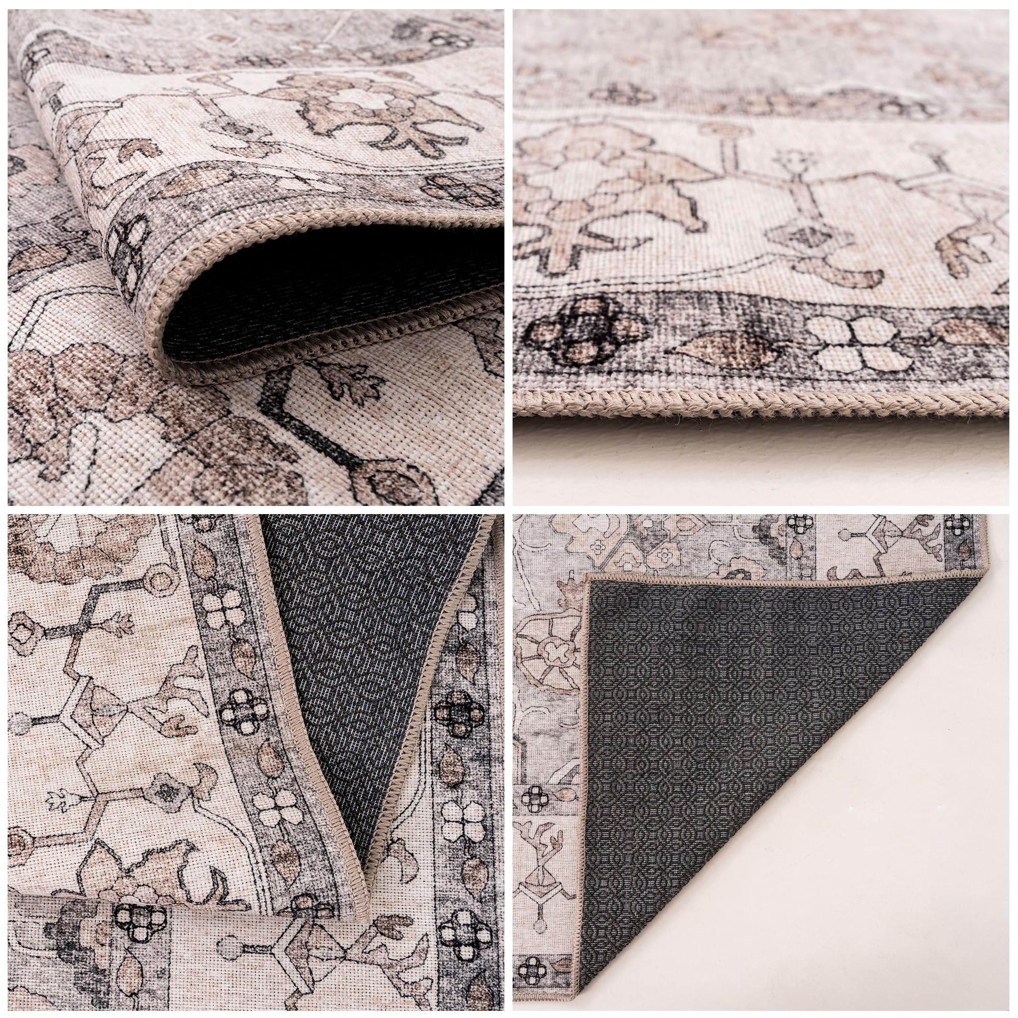homeart Grand tapis lavable en machine - 67 % coton - Avec envers antidérapant - Ne perd pas ses poils - Pour salon, chambre à coucher, cuisine, salle à manger, couloir - Motif floral crème gris 200 x