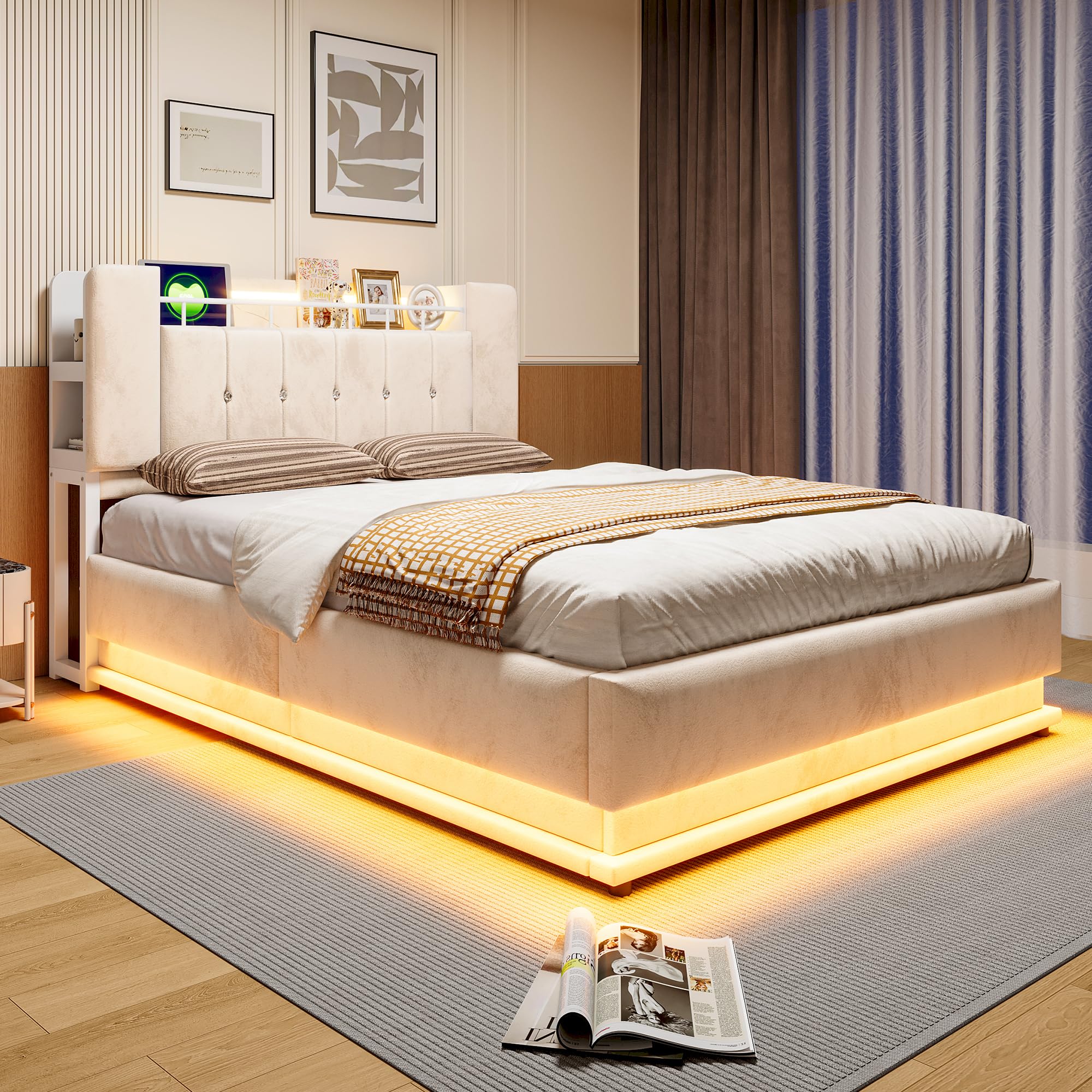 Cama tapizada inteligente de 140 x 200 cm con iluminación LED, USB y almacenamiento hidráulico, funda de terciopelo suave y marco de metal, color beige