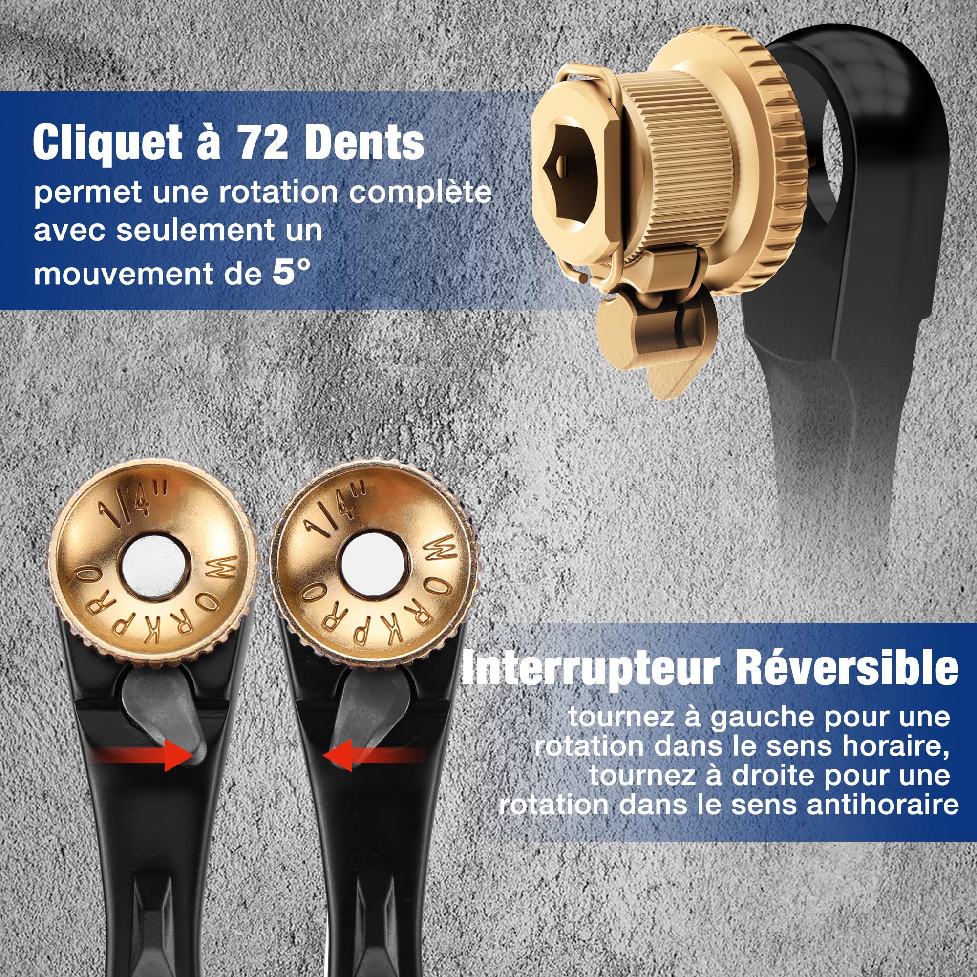WORKPRO Coffret Douilles et Embouts 34 Pièces, Mini Clé à Cliquet 1/4" Double Tête 3-en-1, Embouts de Tournevis en Acier S2, Porte-Embout Magnétique et Adaptateur, Outils de Réparation pour Voitures