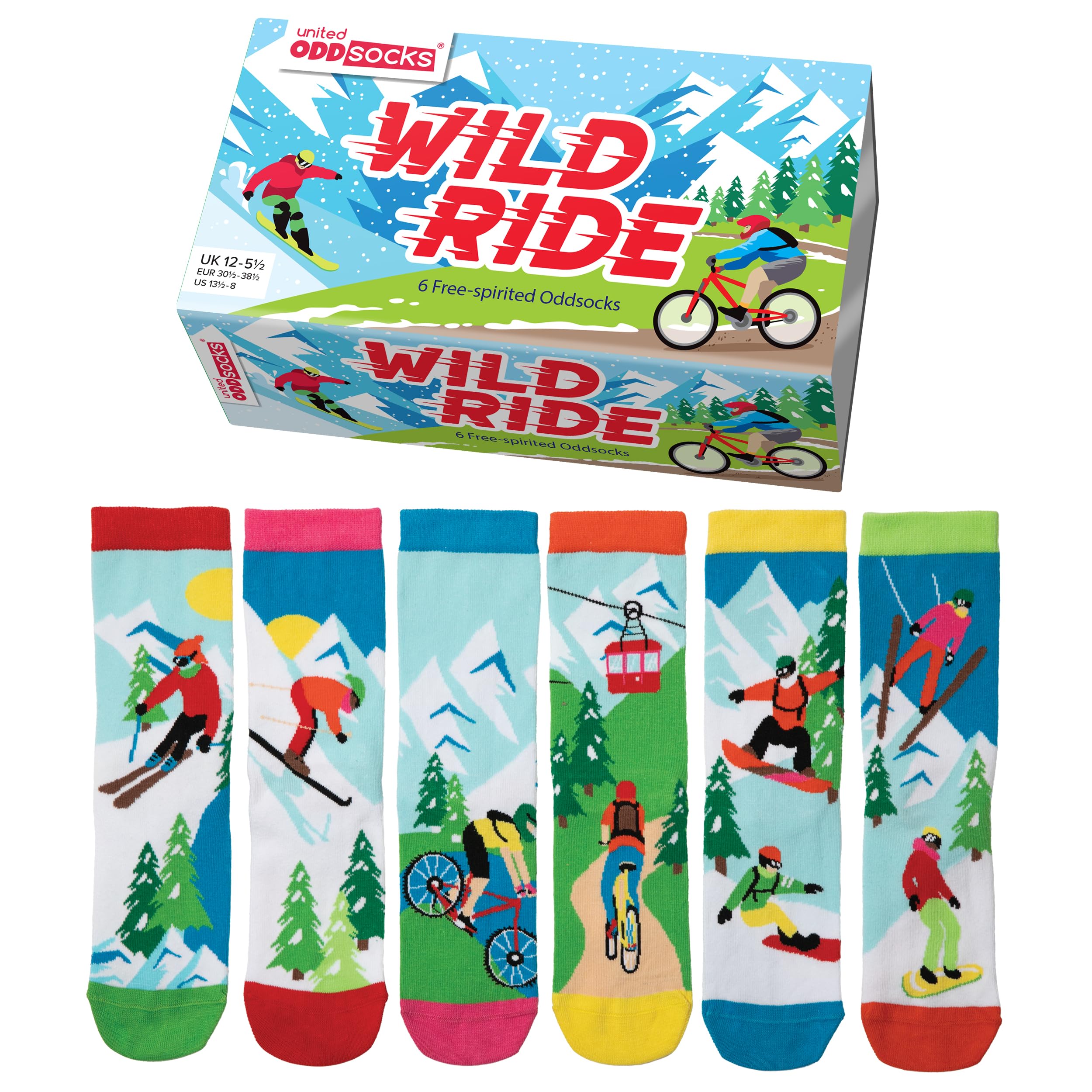 United Oddsocks Wild Ride 6 Odd Socks Gift Box | UK 12-5.5 | EUR 30.5-38.5 | US 13.5-8